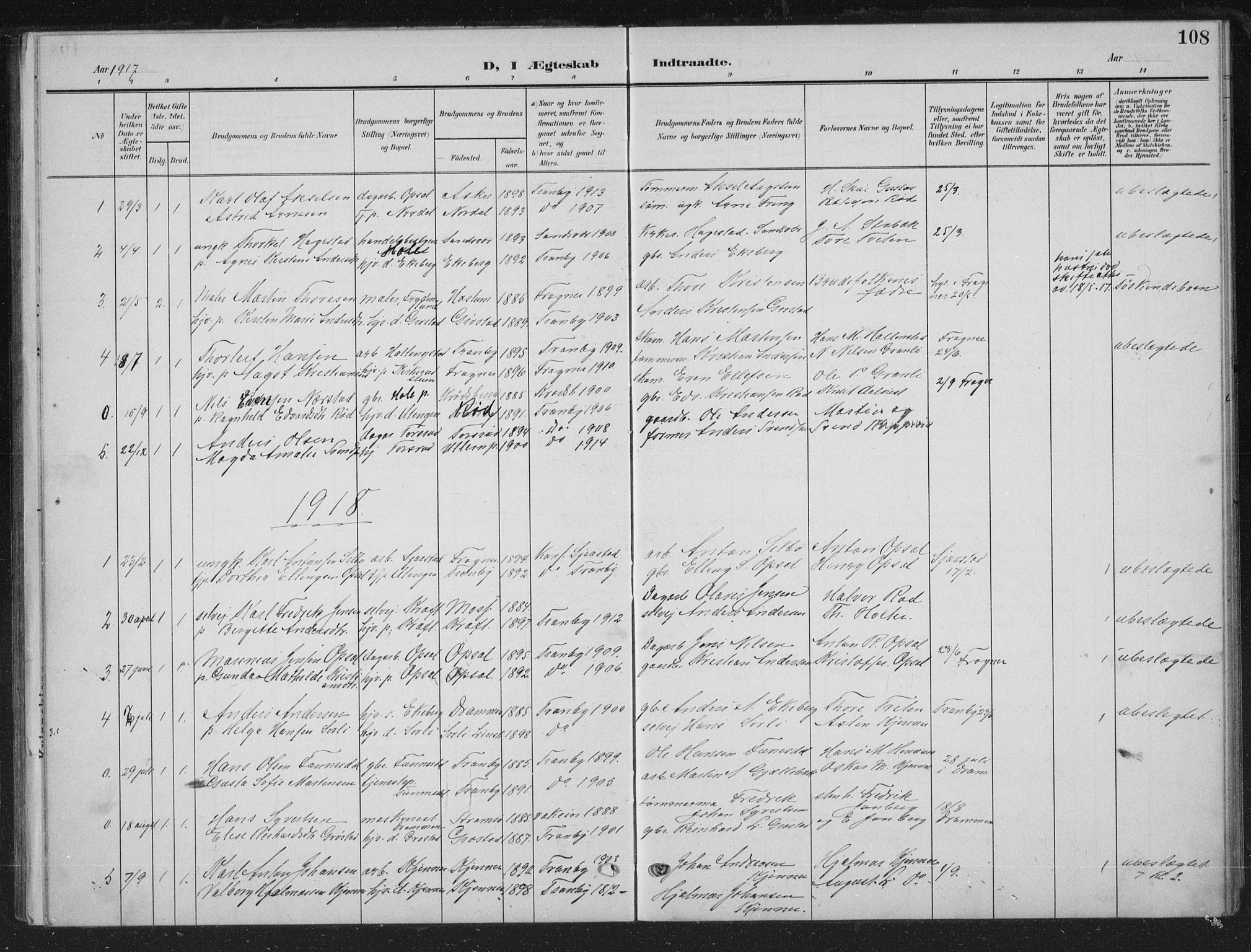 Lier kirkebøker, AV/SAKO-A-230/G/Gc/L0002: Parish register (copy) no. III 2, 1903-1938, p. 108