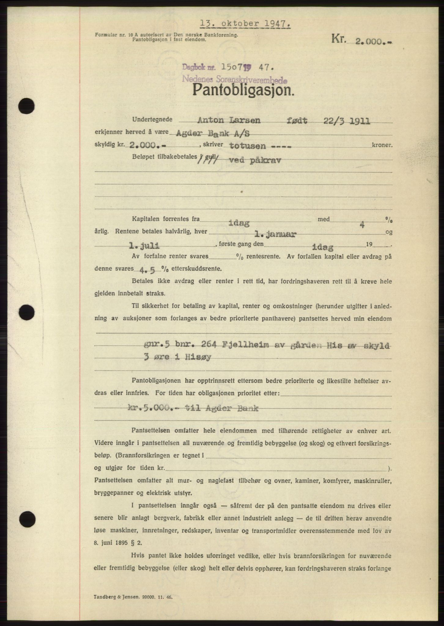 Nedenes sorenskriveri, AV/SAK-1221-0006/G/Gb/Gbb/L0004: Mortgage book no. B4, 1947-1947, Diary no: : 1507/1947