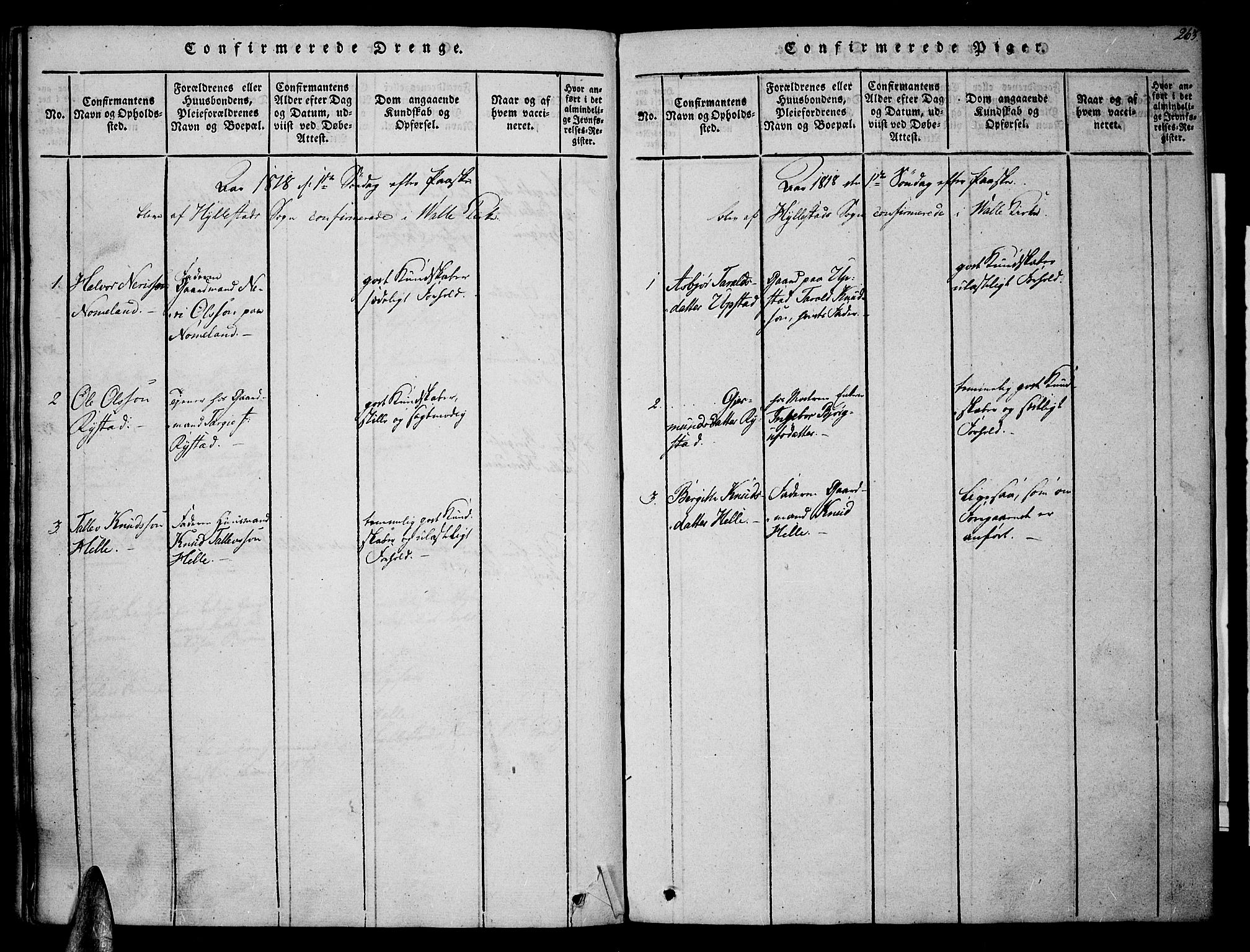 Valle sokneprestkontor, SAK/1111-0044/F/Fa/Fac/L0005: Parish register (official) no. A 5 /2, 1817-1831, p. 263