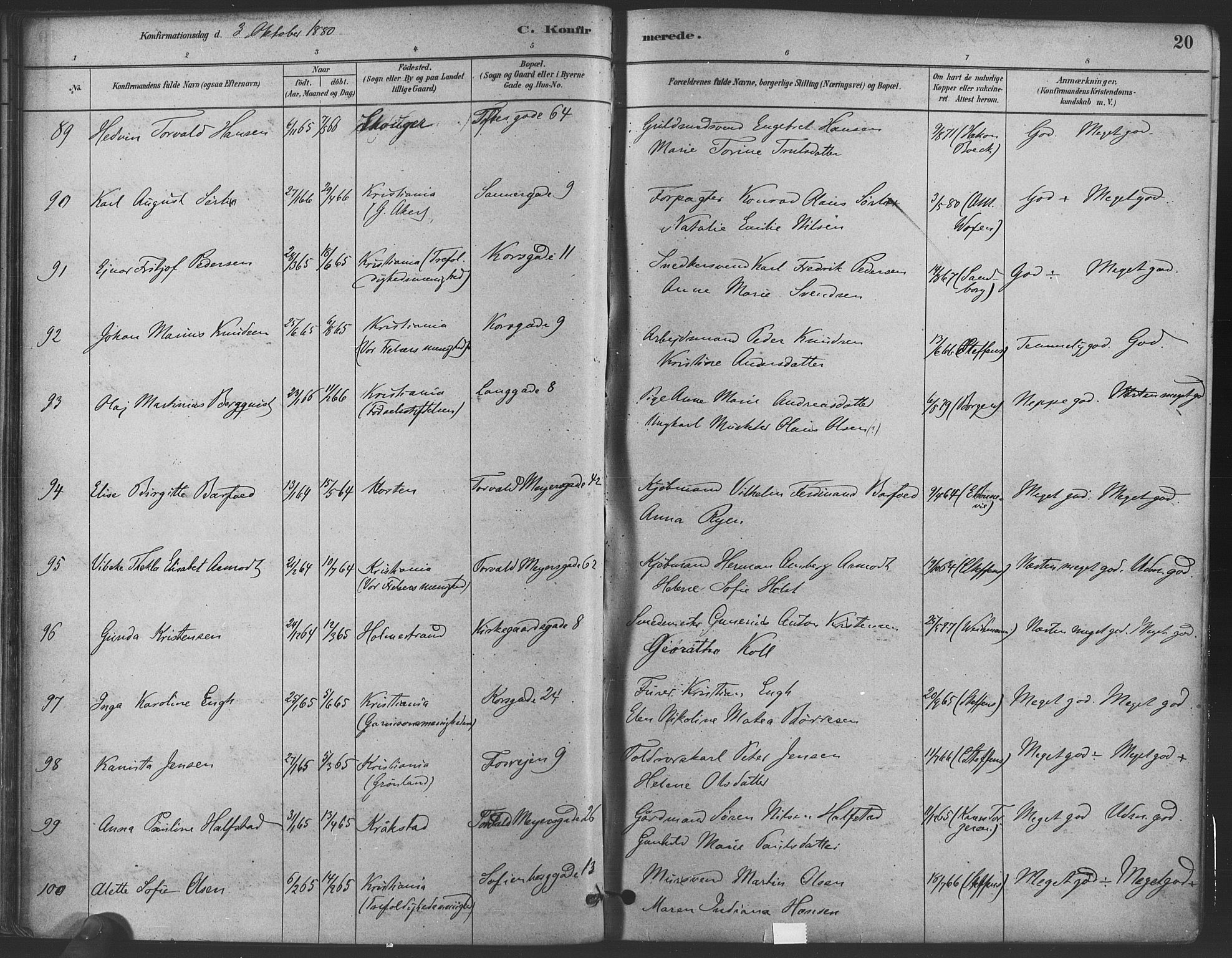 Paulus prestekontor Kirkebøker, AV/SAO-A-10871/F/Fa/L0004: Parish register (official) no. 4, 1879-1891, p. 20