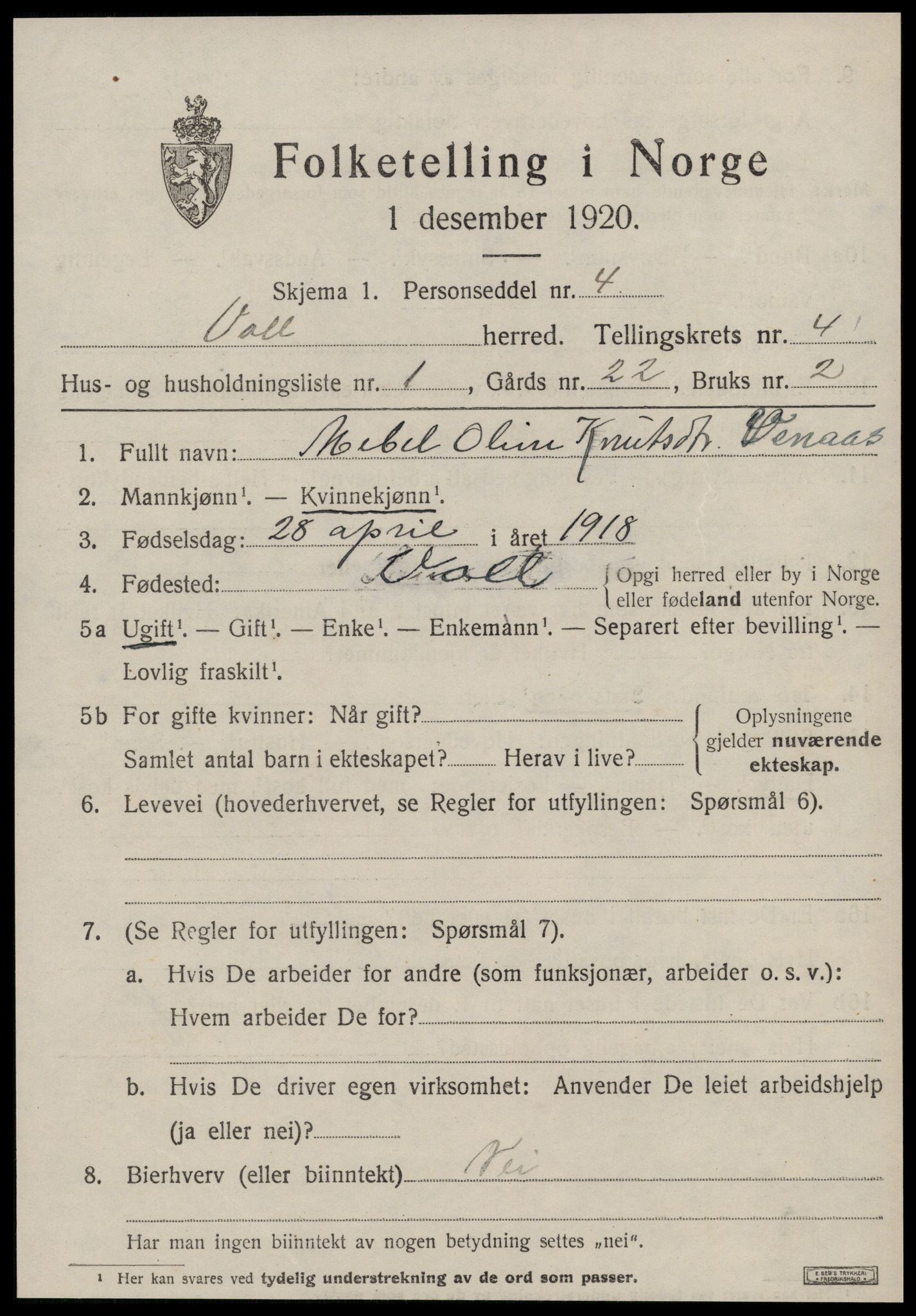 SAT, 1920 census for Voll, 1920, p. 1863