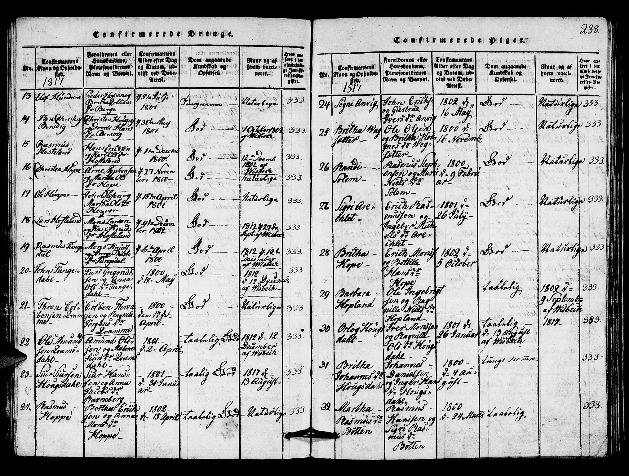 Lindås Sokneprestembete, SAB/A-76701/H/Hab: Parish register (copy) no. A 1, 1816-1823, p. 238