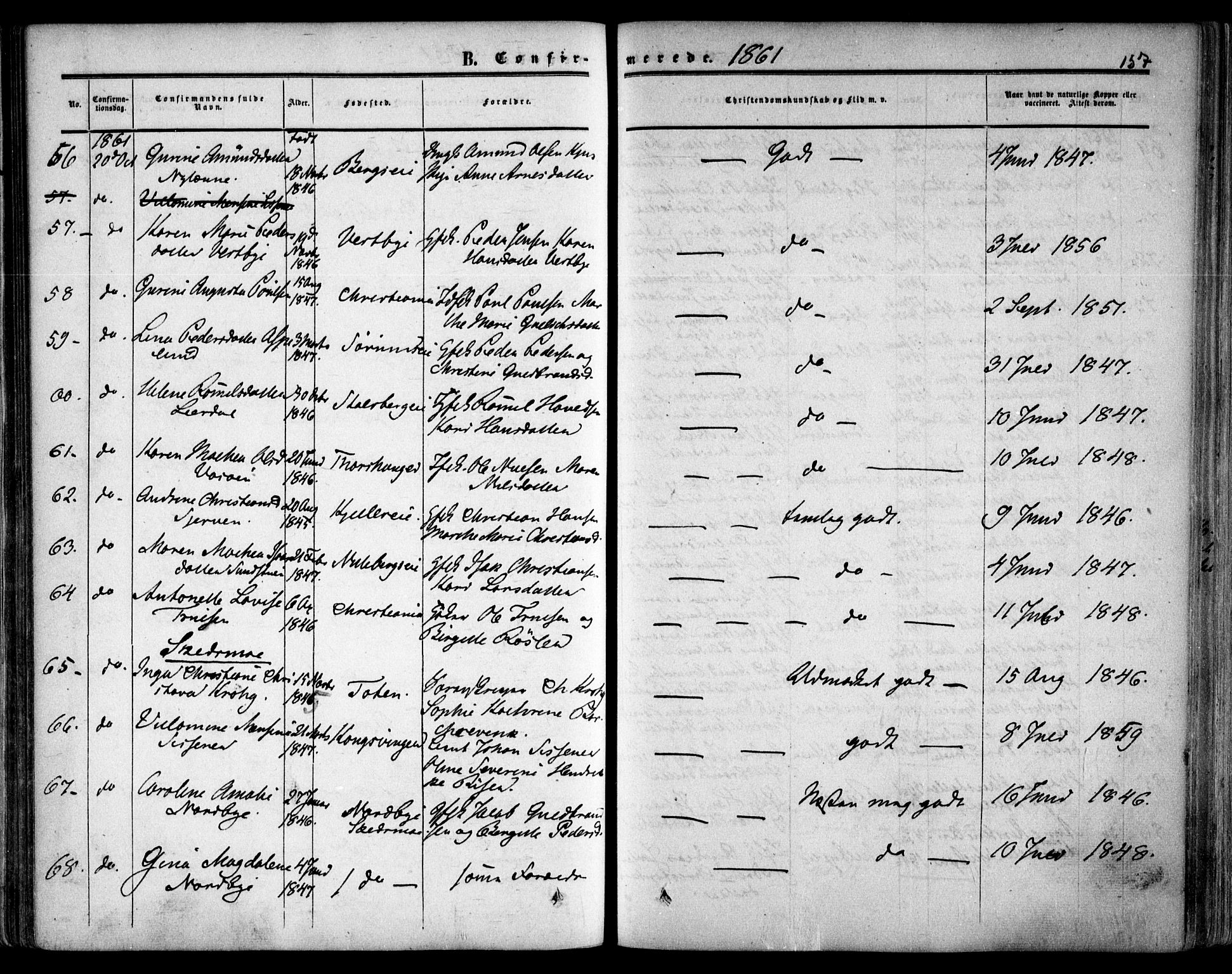 Skedsmo prestekontor Kirkebøker, SAO/A-10033a/F/Fa/L0010: Parish register (official) no. I 10, 1854-1865, p. 157