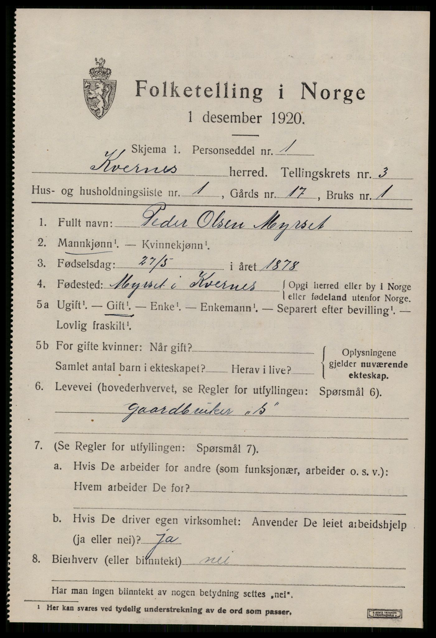 SAT, 1920 census for Kvernes, 1920, p. 1583