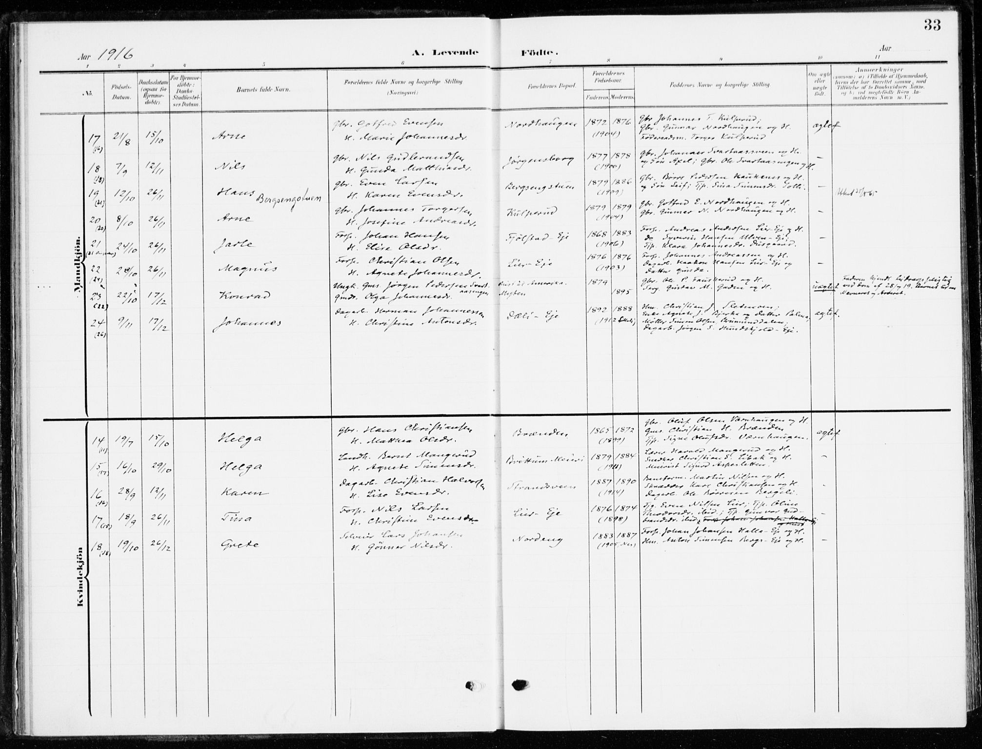 Ringsaker prestekontor, AV/SAH-PREST-014/K/Ka/L0021: Parish register (official) no. 21, 1905-1920, p. 33