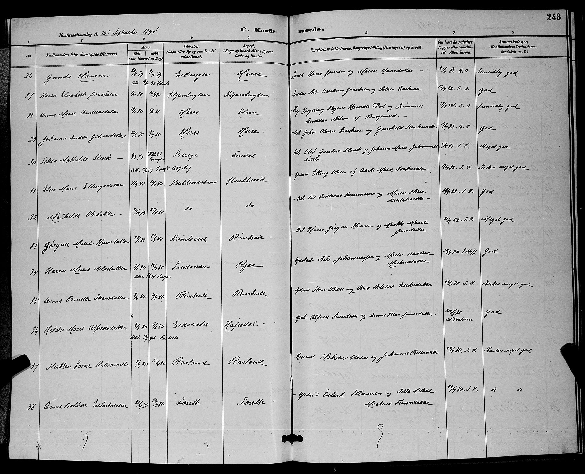 Bamble kirkebøker, SAKO/A-253/G/Ga/L0009: Parish register (copy) no. I 9, 1888-1900, p. 243