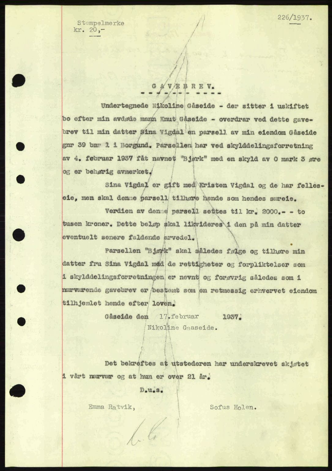 Nordre Sunnmøre sorenskriveri, AV/SAT-A-0006/1/2/2C/2Ca: Mortgage book no. A2, 1936-1937, Diary no: : 226/1937