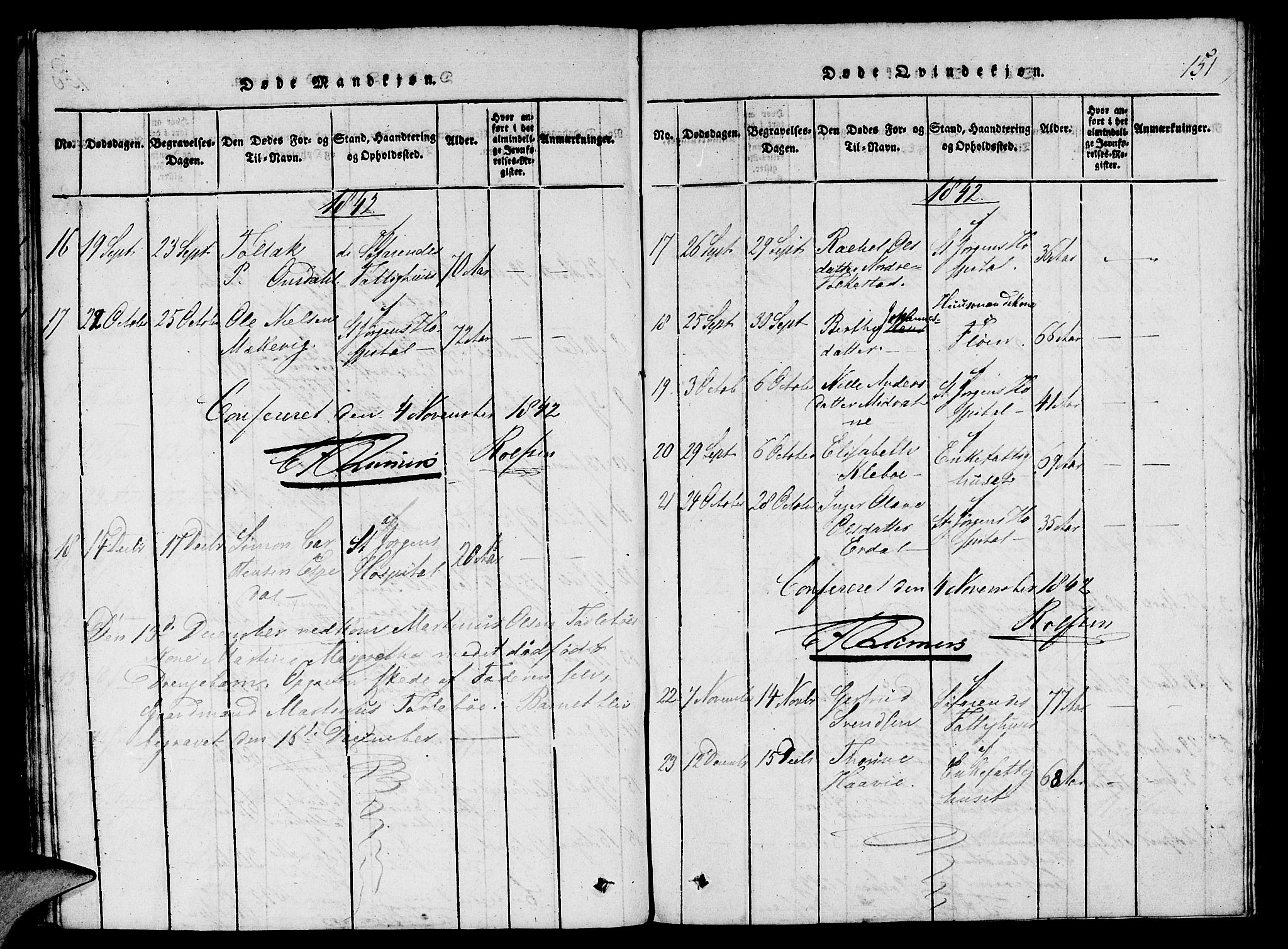 St. Jørgens hospital og Årstad sokneprestembete, AV/SAB-A-99934: Parish register (copy) no. A 1, 1816-1843, p. 151