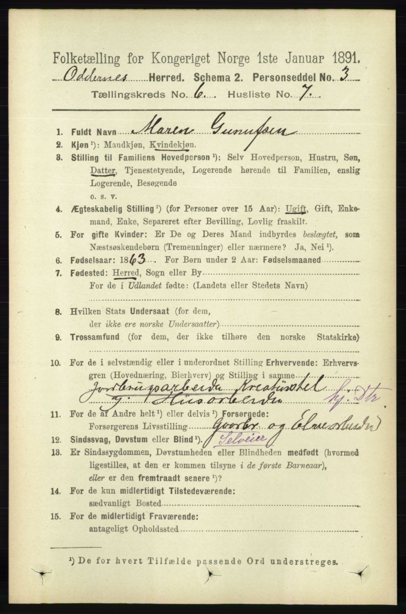 RA, 1891 census for 1012 Oddernes, 1891, p. 2228