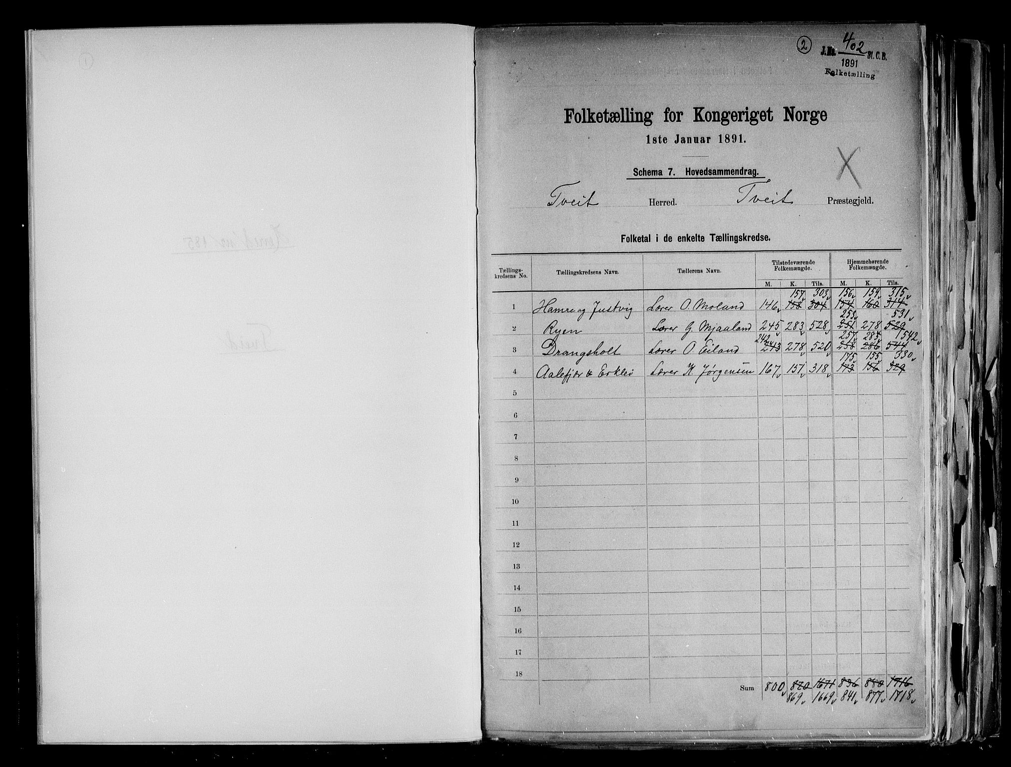 RA, 1891 census for 1013 Tveit, 1891, p. 2