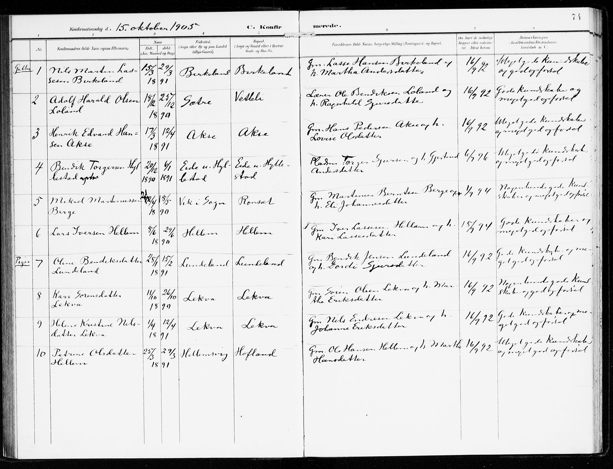 Hyllestad sokneprestembete, SAB/A-80401: Parish register (official) no. B 2, 1903-1917, p. 74