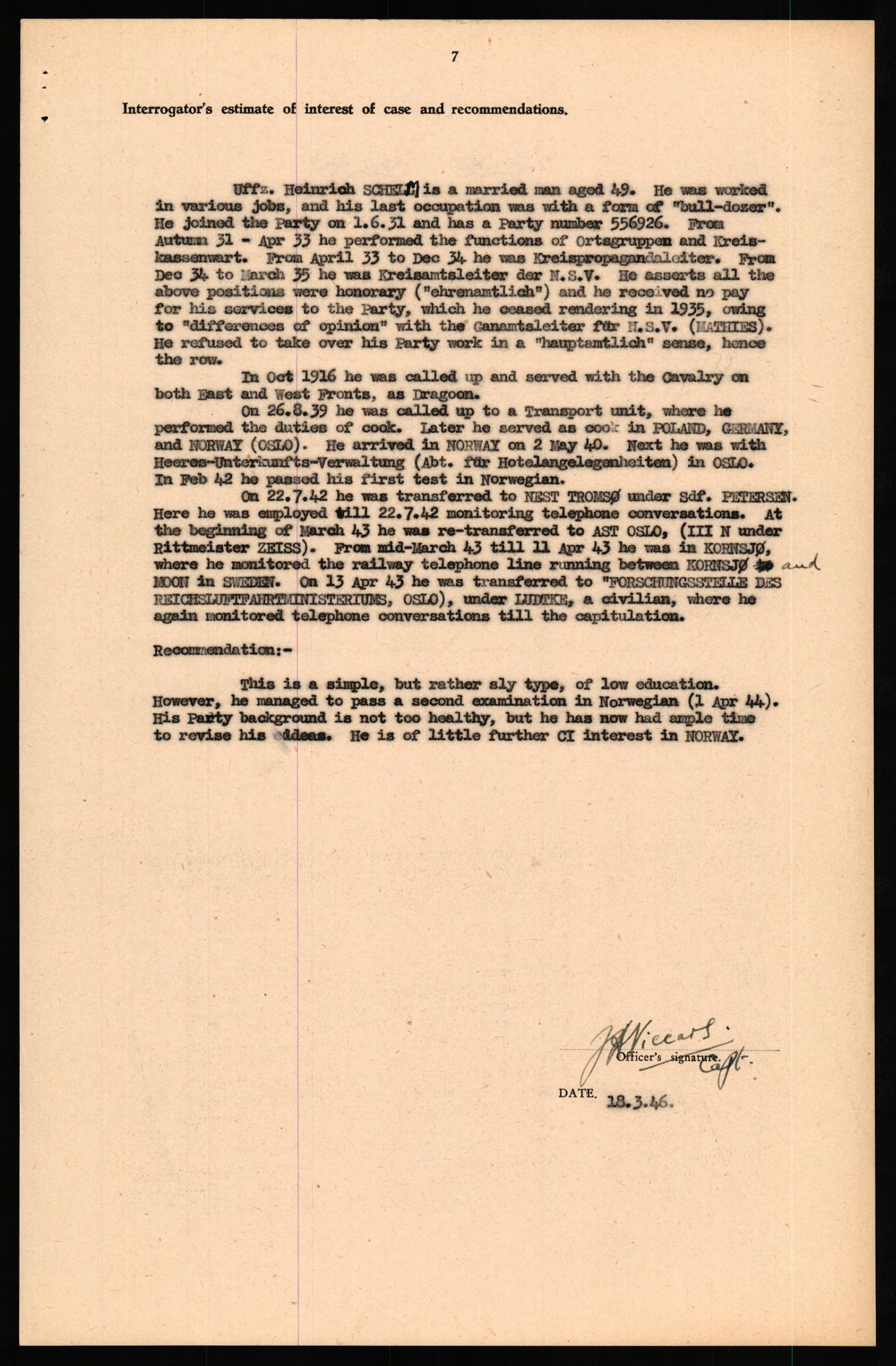 Forsvaret, Forsvarets overkommando II, RA/RAFA-3915/D/Db/L0029: CI Questionaires. Tyske okkupasjonsstyrker i Norge. Tyskere., 1945-1946, p. 131