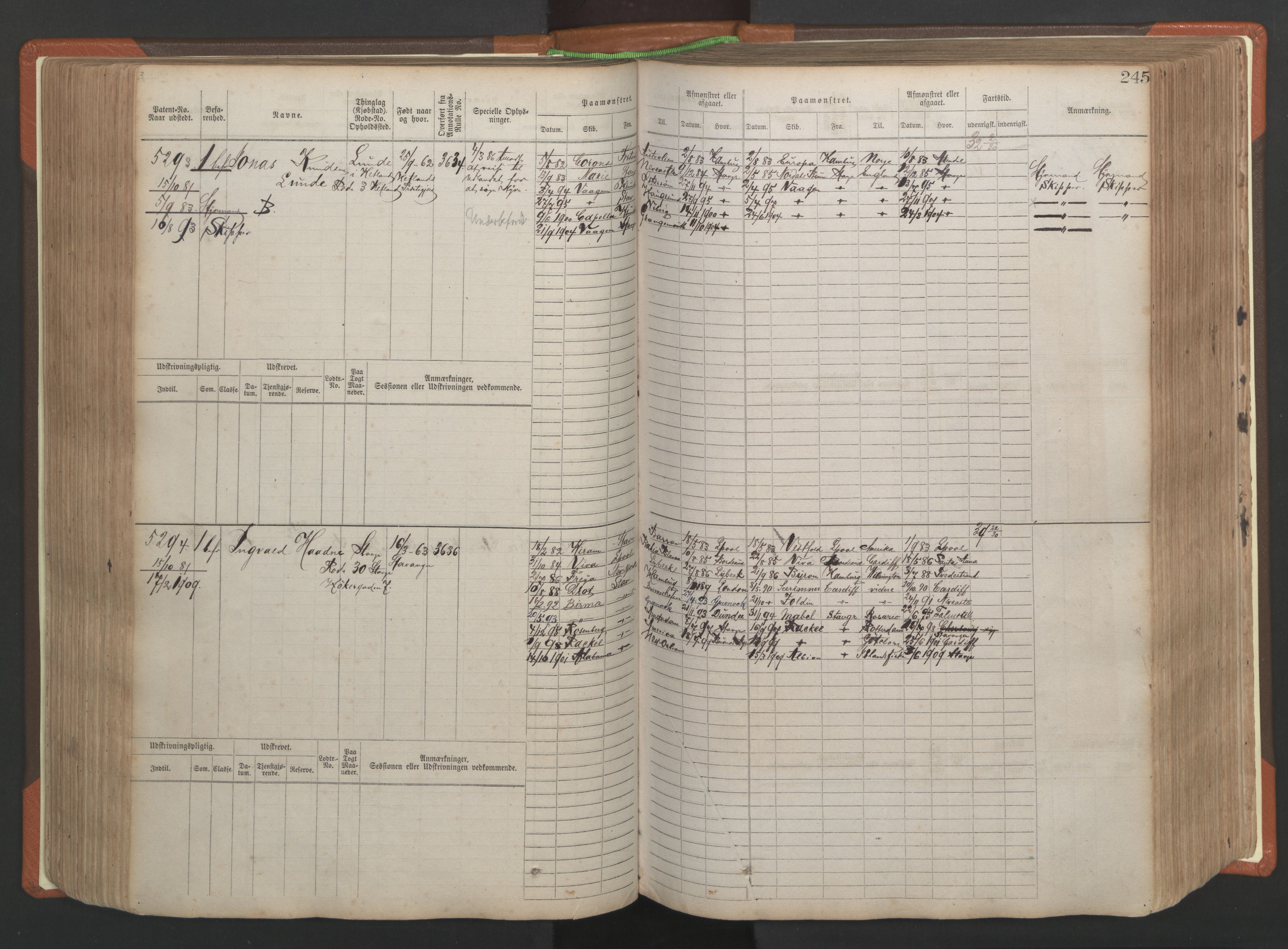 Stavanger sjømannskontor, AV/SAST-A-102006/F/Fb/Fbb/L0009: Sjøfartshovedrulle, patentnr. 4805-6006, 1879-1887, p. 251