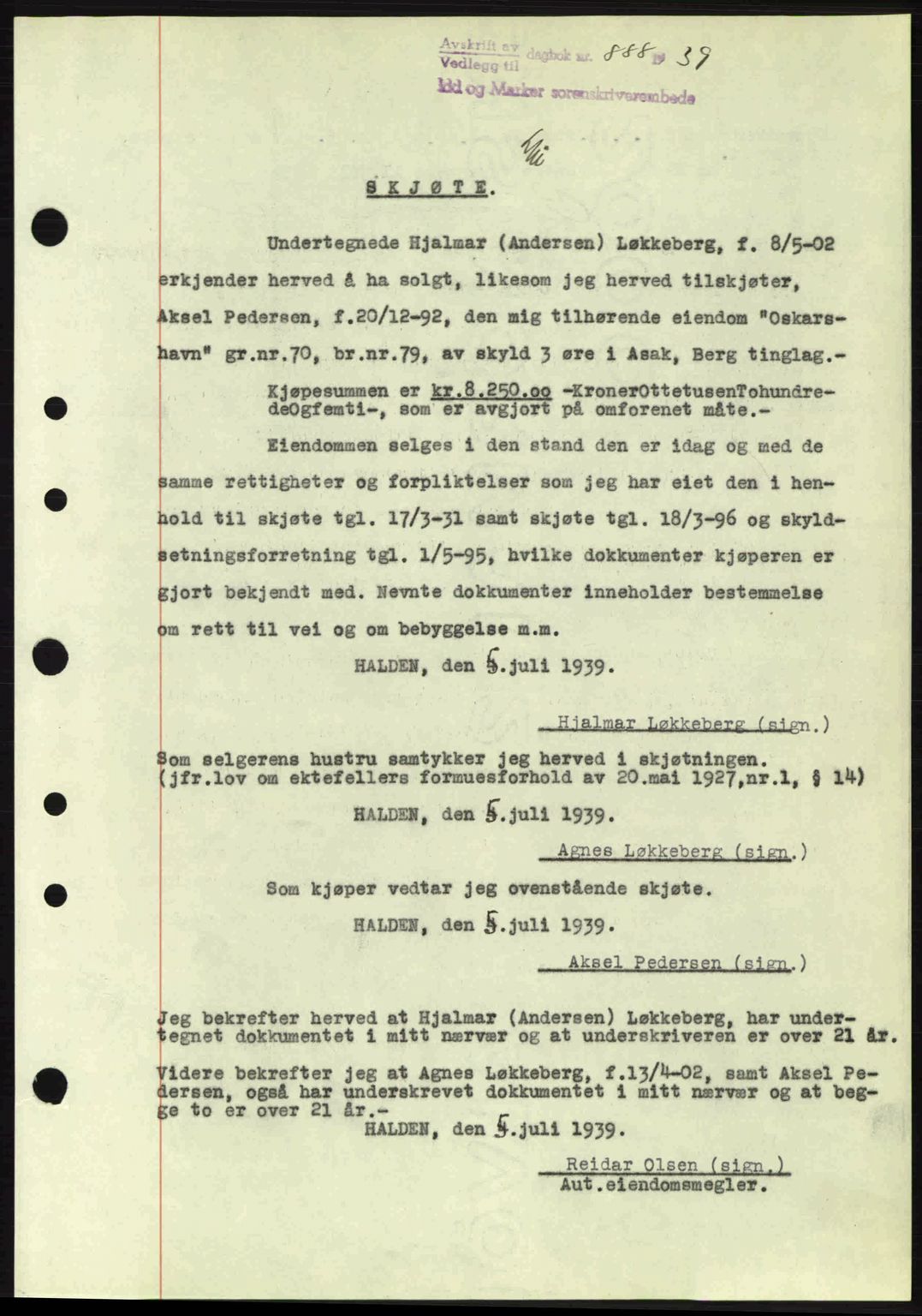 Idd og Marker sorenskriveri, AV/SAO-A-10283/G/Gb/Gbb/L0003: Mortgage book no. A3, 1938-1939, Diary no: : 888/1939