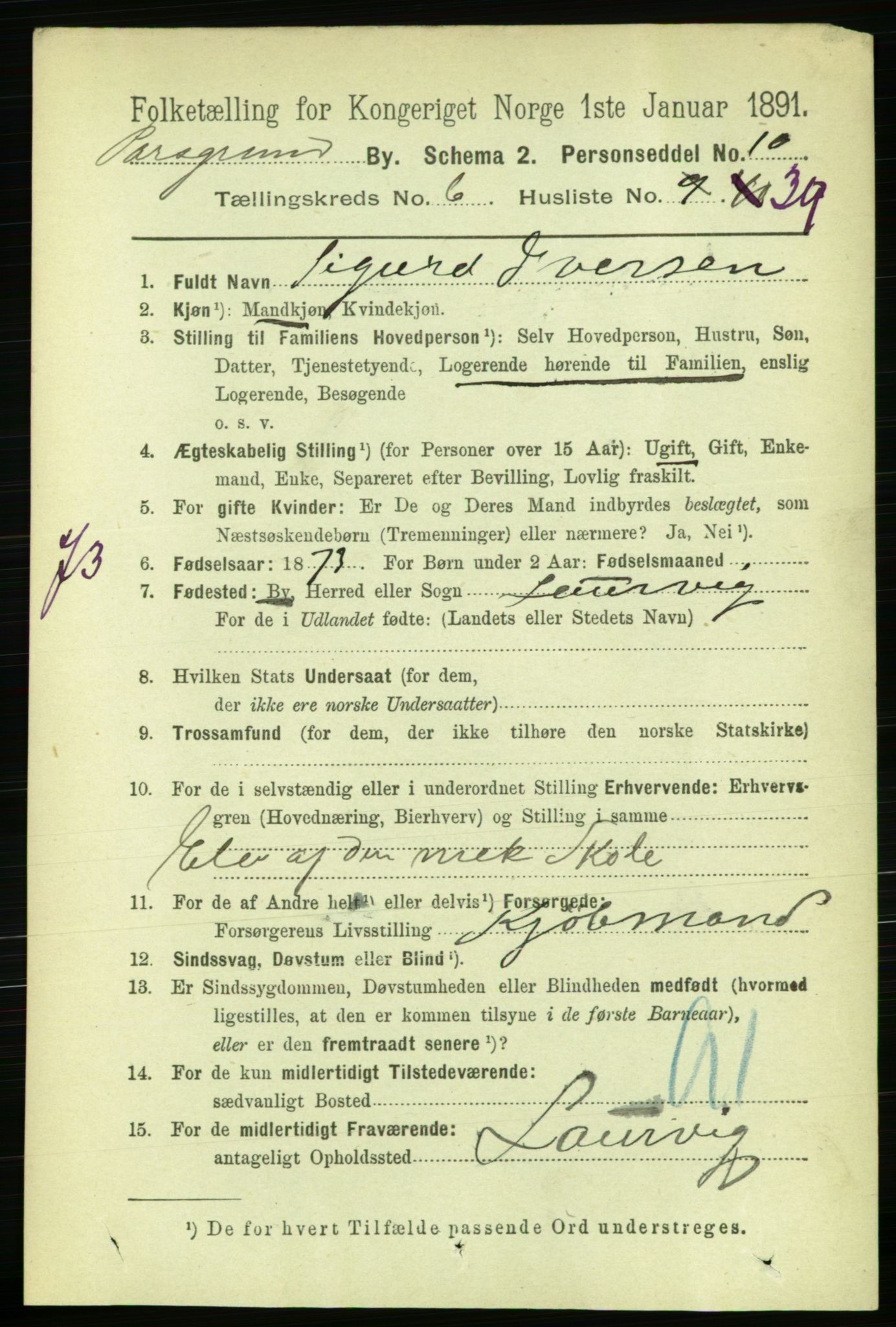 RA, 1891 census for 0805 Porsgrunn, 1891, p. 5444