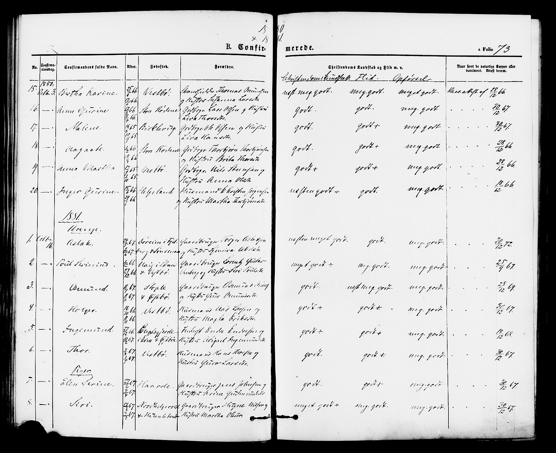 Vikedal sokneprestkontor, AV/SAST-A-101840/01/IV: Parish register (official) no. A 8, 1868-1885, p. 73