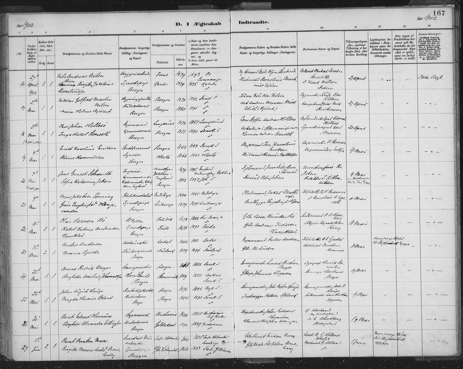 Domkirken sokneprestembete, SAB/A-74801/H/Hab/L0032: Parish register (copy) no. D 4, 1880-1907, p. 167