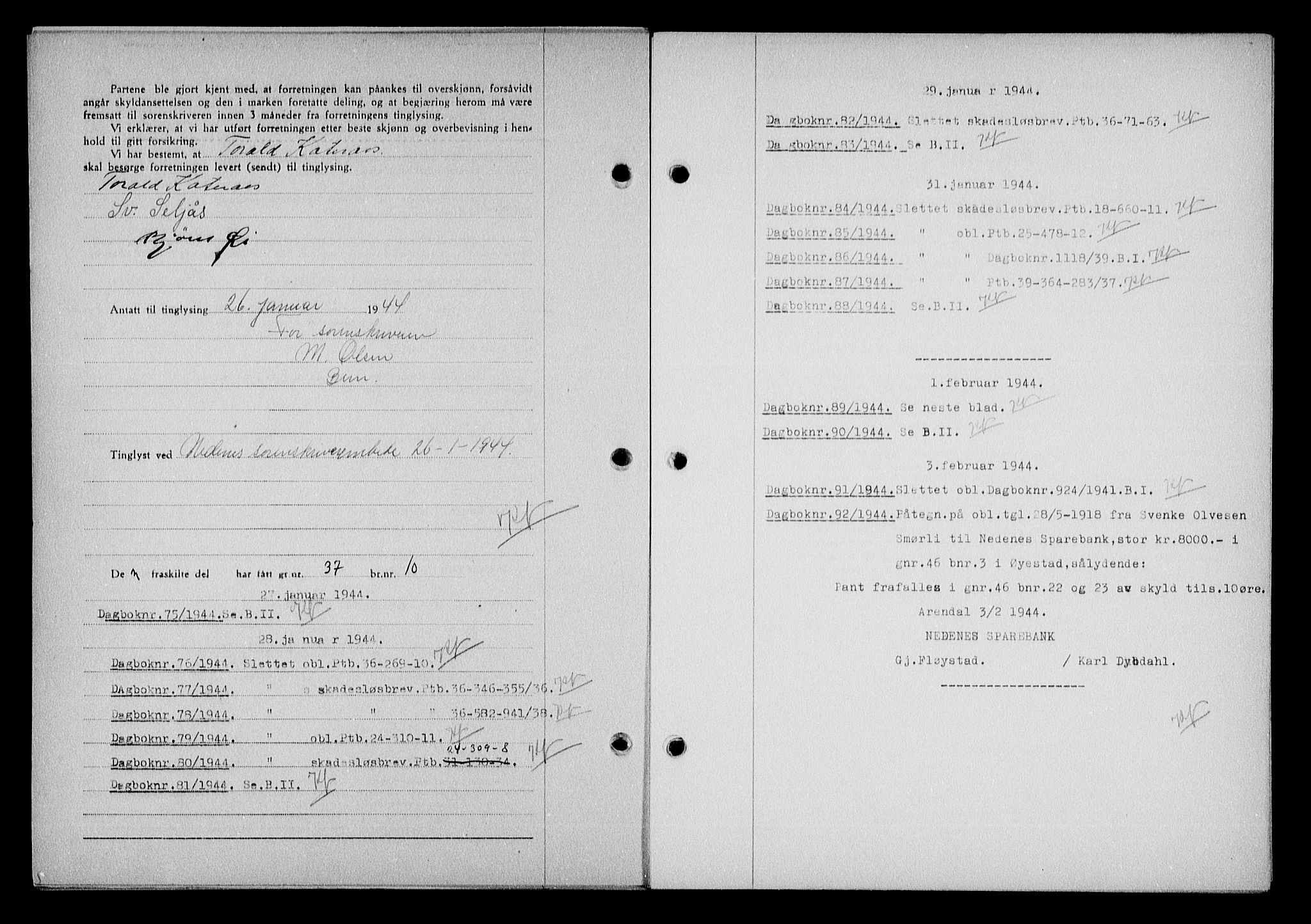 Nedenes sorenskriveri, SAK/1221-0006/G/Gb/Gba/L0051: Mortgage book no. A-V, 1943-1944, Diary no: : 75/1944