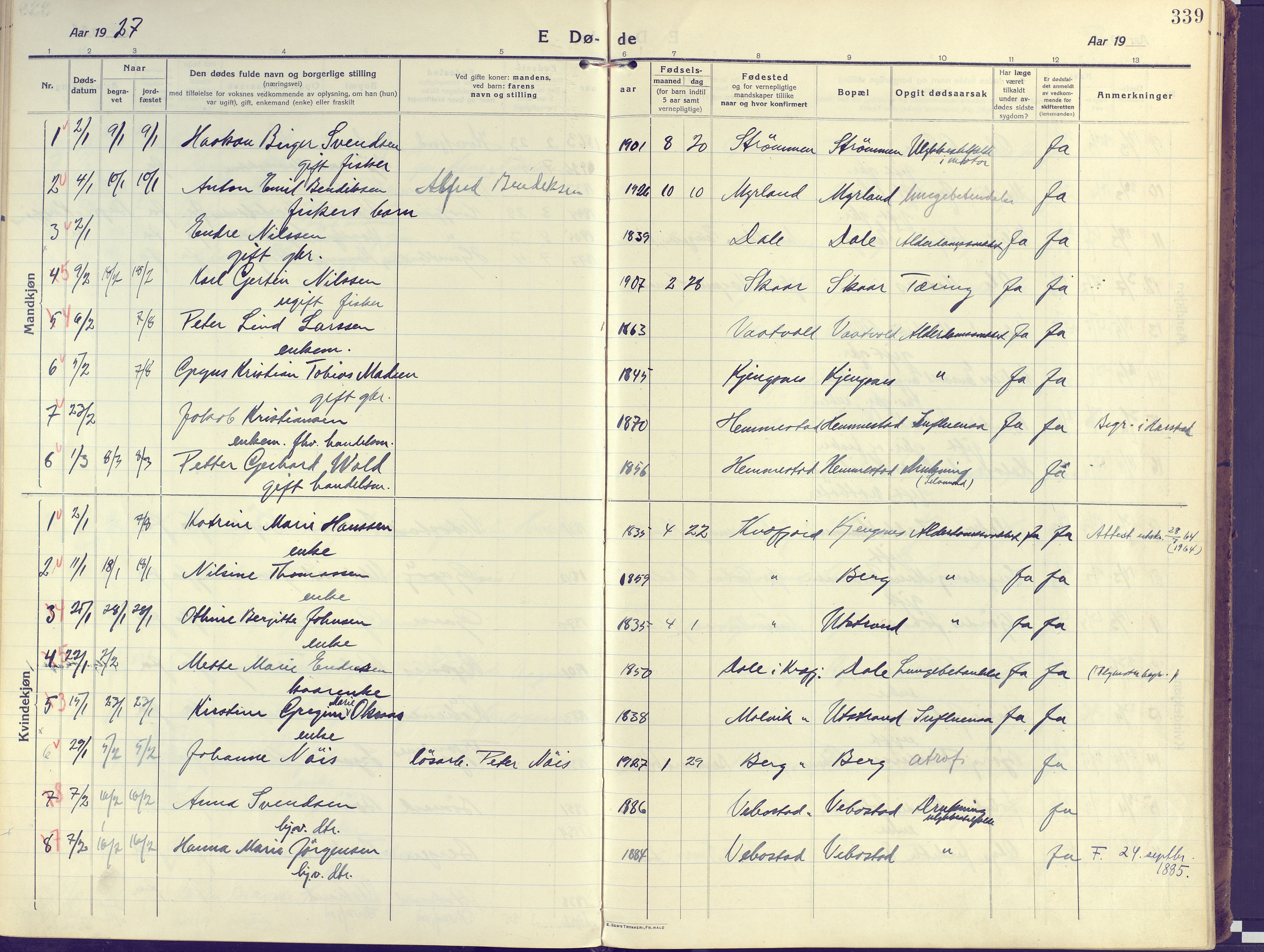 Kvæfjord sokneprestkontor, AV/SATØ-S-1323/G/Ga/Gaa/L0007kirke: Parish register (official) no. 7, 1915-1931, p. 339