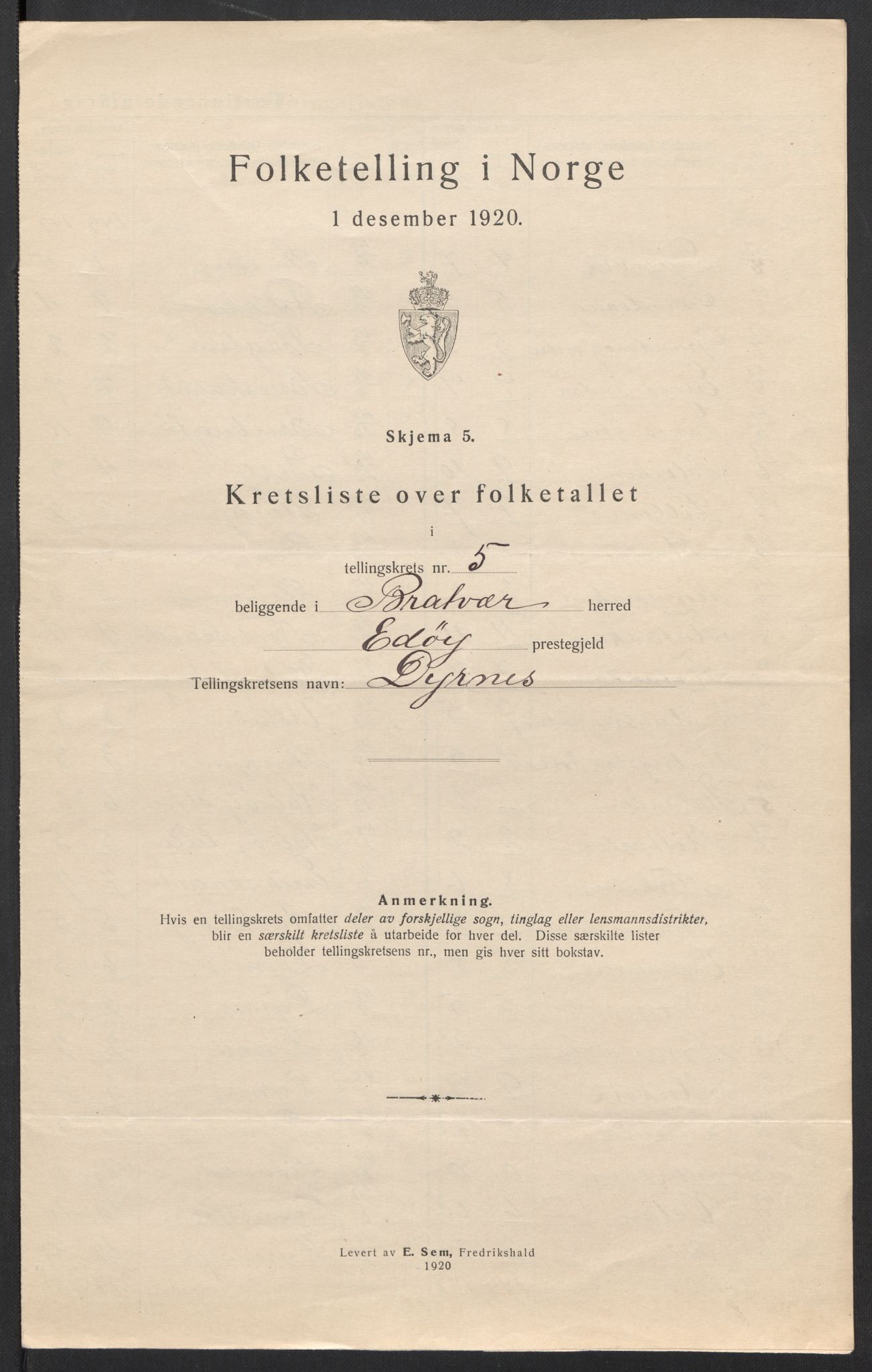 SAT, 1920 census for Brattvær, 1920, p. 20