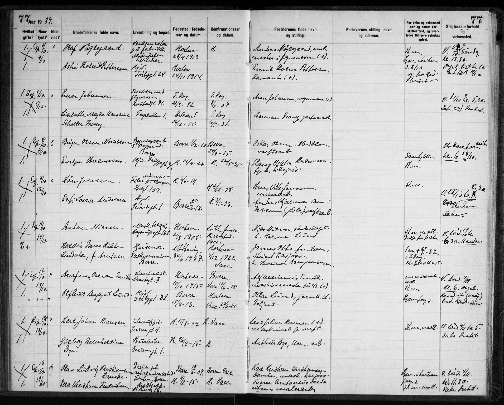 Horten kirkebøker, AV/SAKO-A-348/H/Ha/L0007: Banns register no. 7, 1934-1947, p. 77