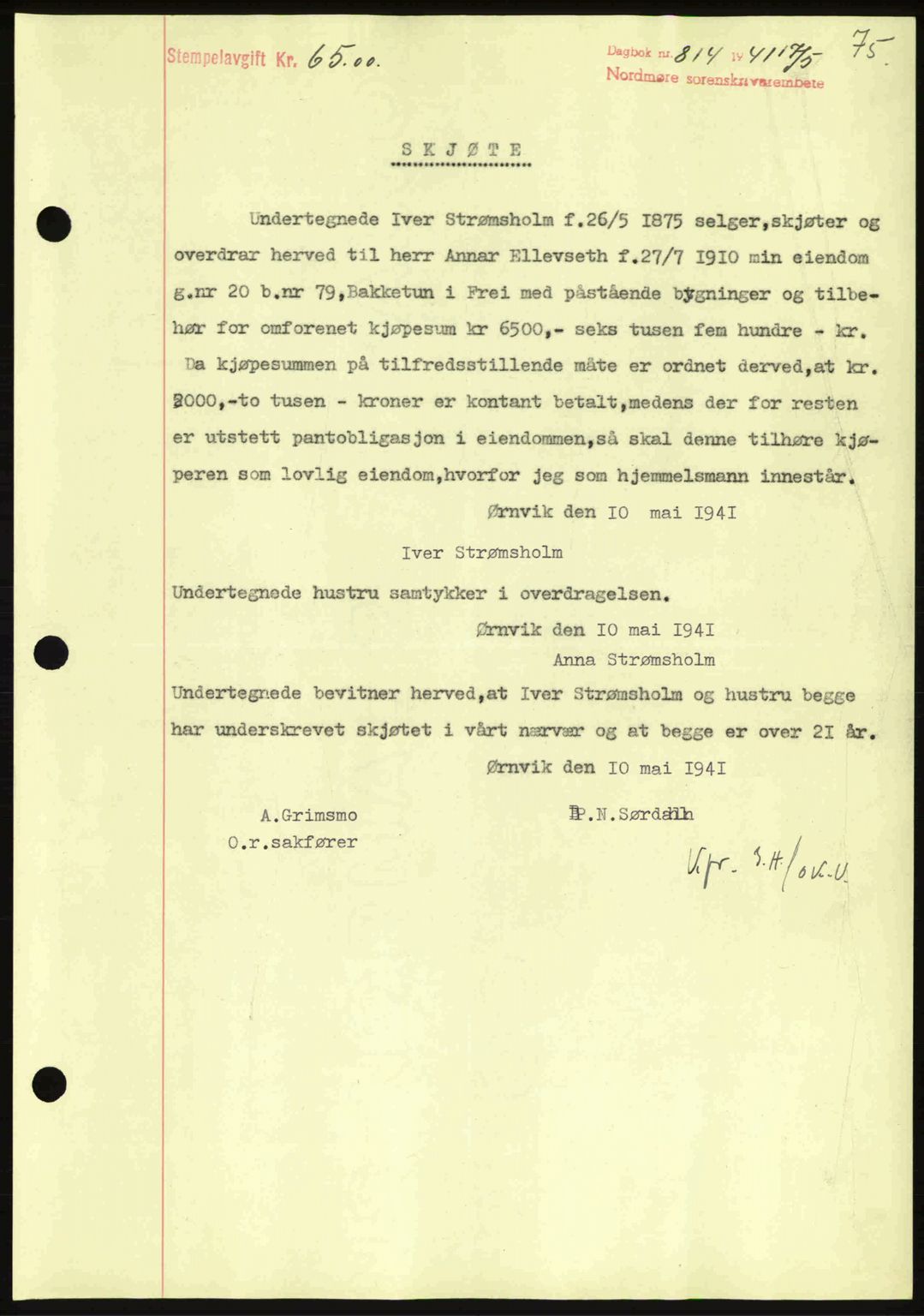 Nordmøre sorenskriveri, SAT/A-4132/1/2/2Ca: Mortgage book no. A90, 1941-1941, Diary no: : 814/1941