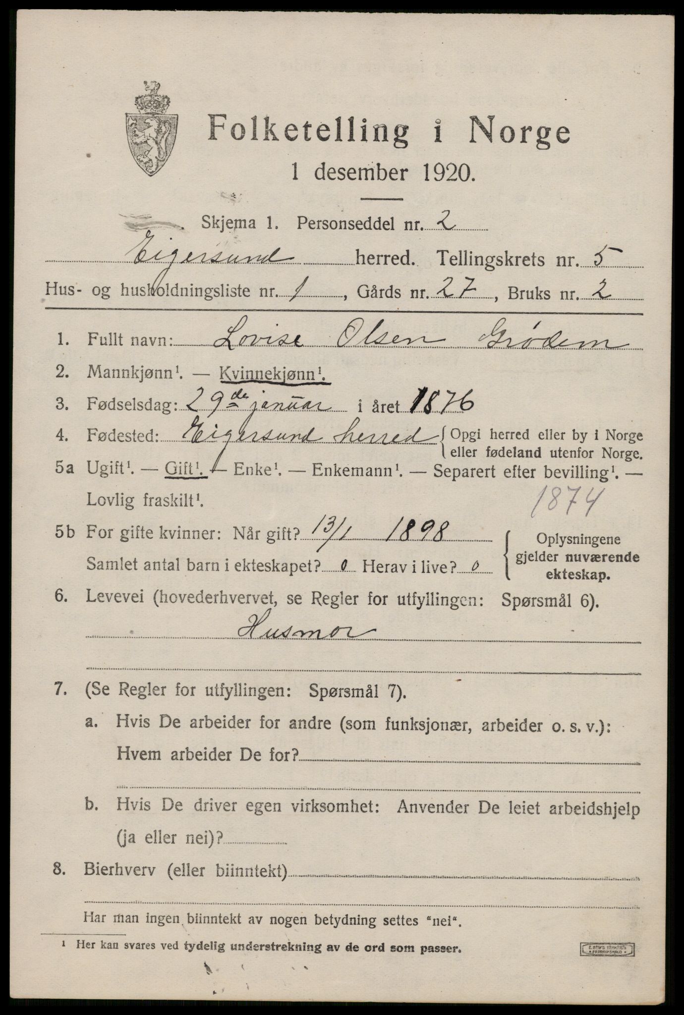 SAST, 1920 census for Eigersund, 1920, p. 3599