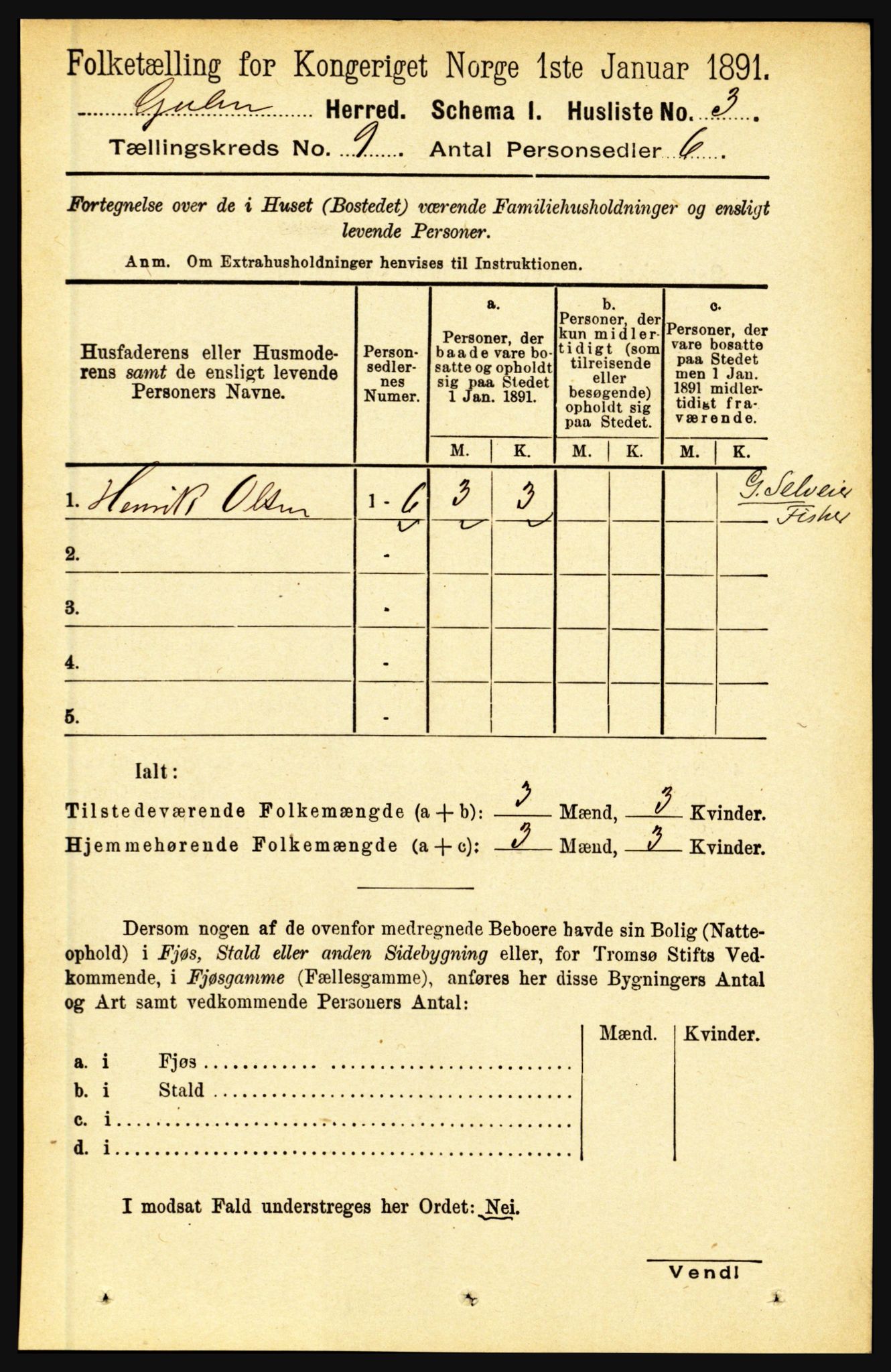 RA, 1891 census for 1411 Gulen, 1891, p. 2707