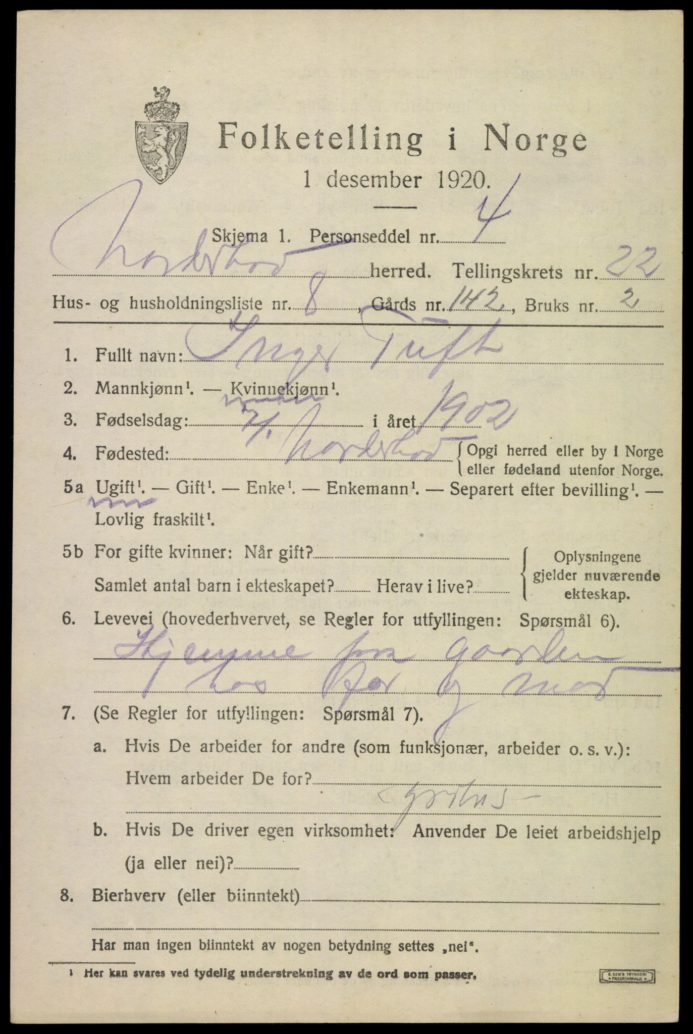 SAKO, 1920 census for Norderhov, 1920, p. 22496