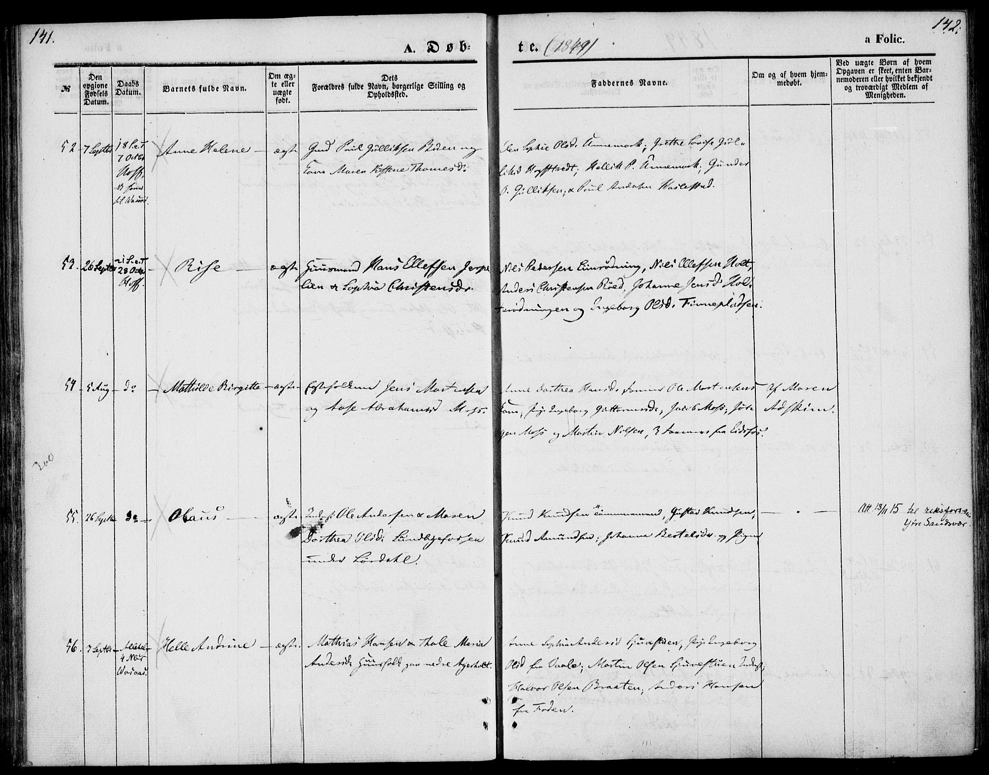 Hof kirkebøker, AV/SAKO-A-64/F/Fa/L0005: Parish register (official) no. I 5, 1844-1851, p. 141-142