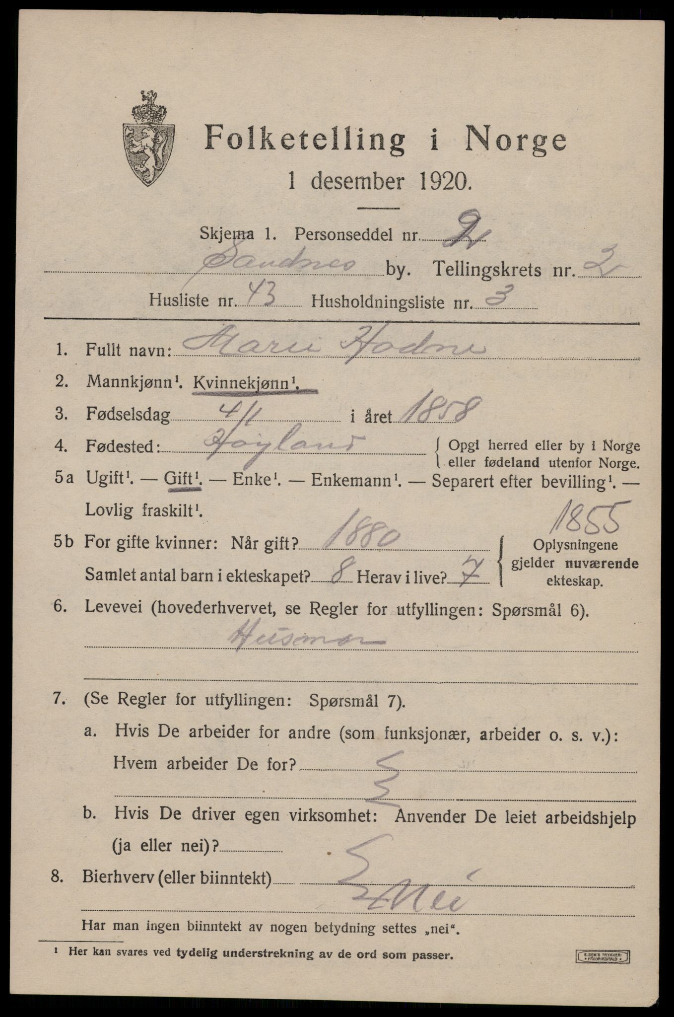 SAST, 1920 census for Sandnes, 1920, p. 3652