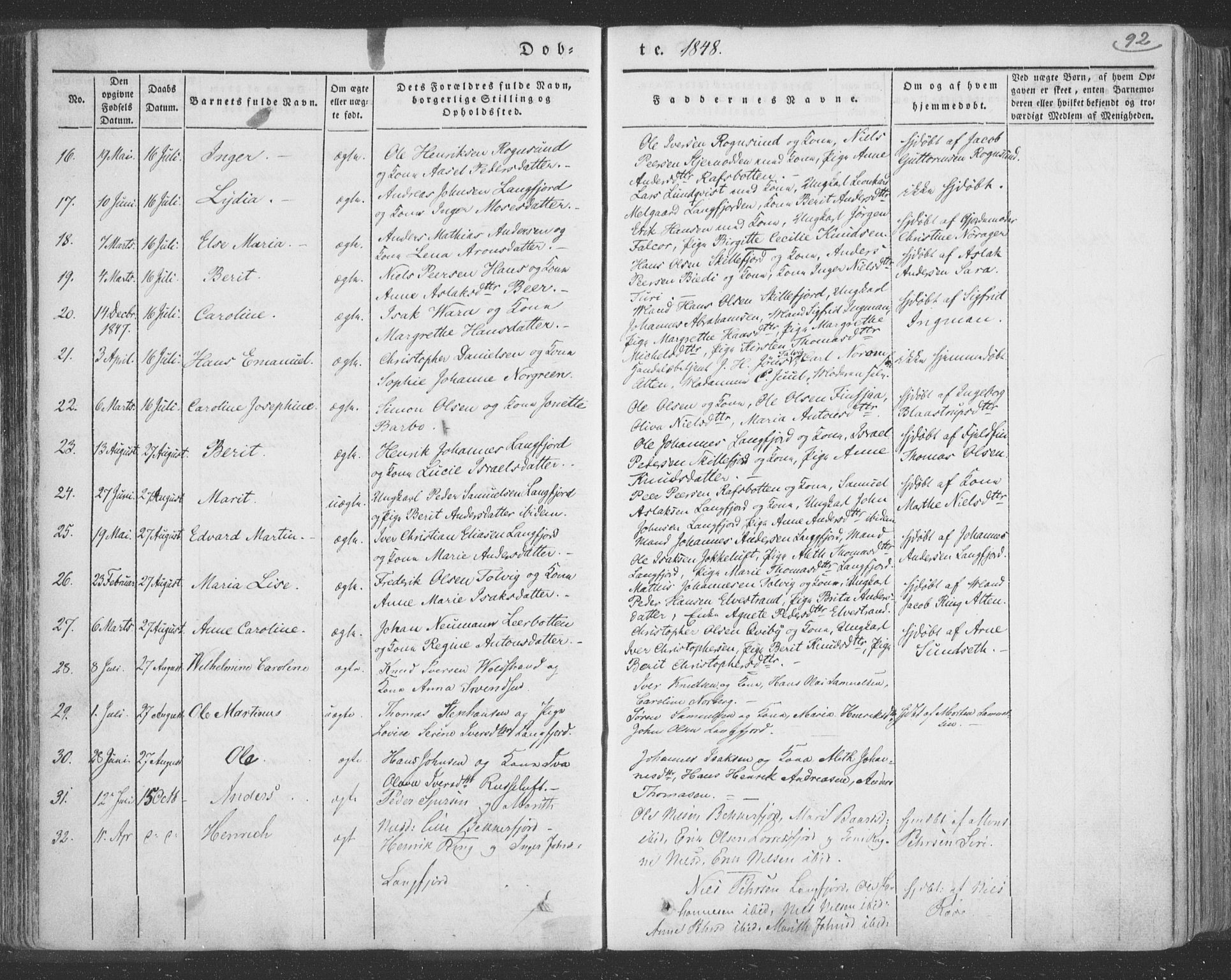 Talvik sokneprestkontor, SATØ/S-1337/H/Ha/L0009kirke: Parish register (official) no. 9, 1837-1852, p. 92