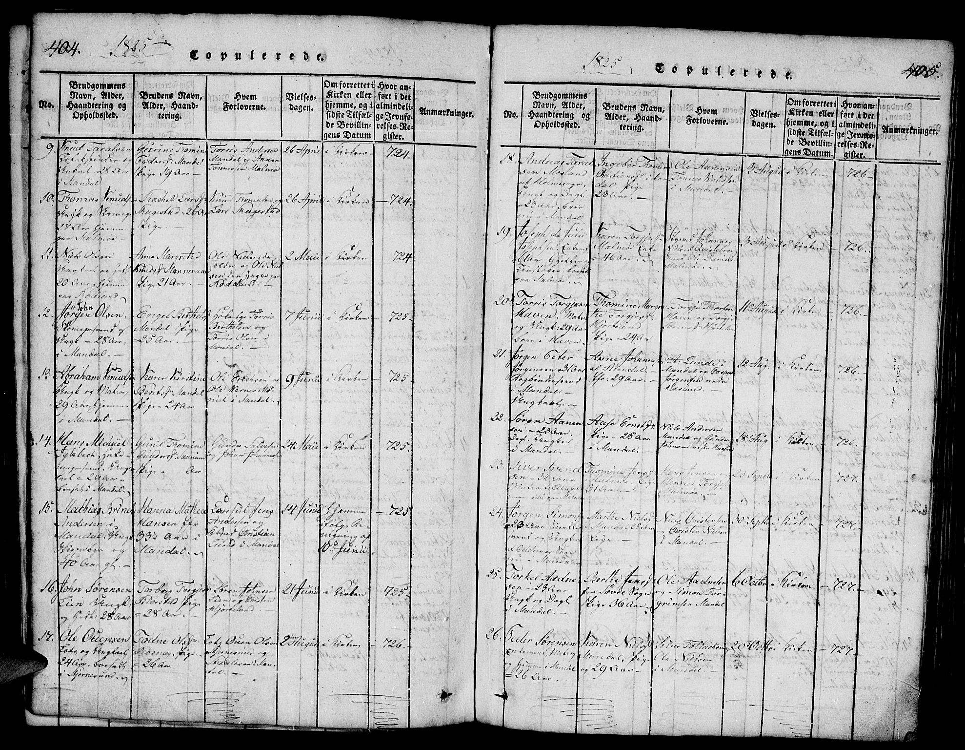 Mandal sokneprestkontor, SAK/1111-0030/F/Fb/Fba/L0001: Parish register (copy) no. B 1, 1818-1830, p. 404-405