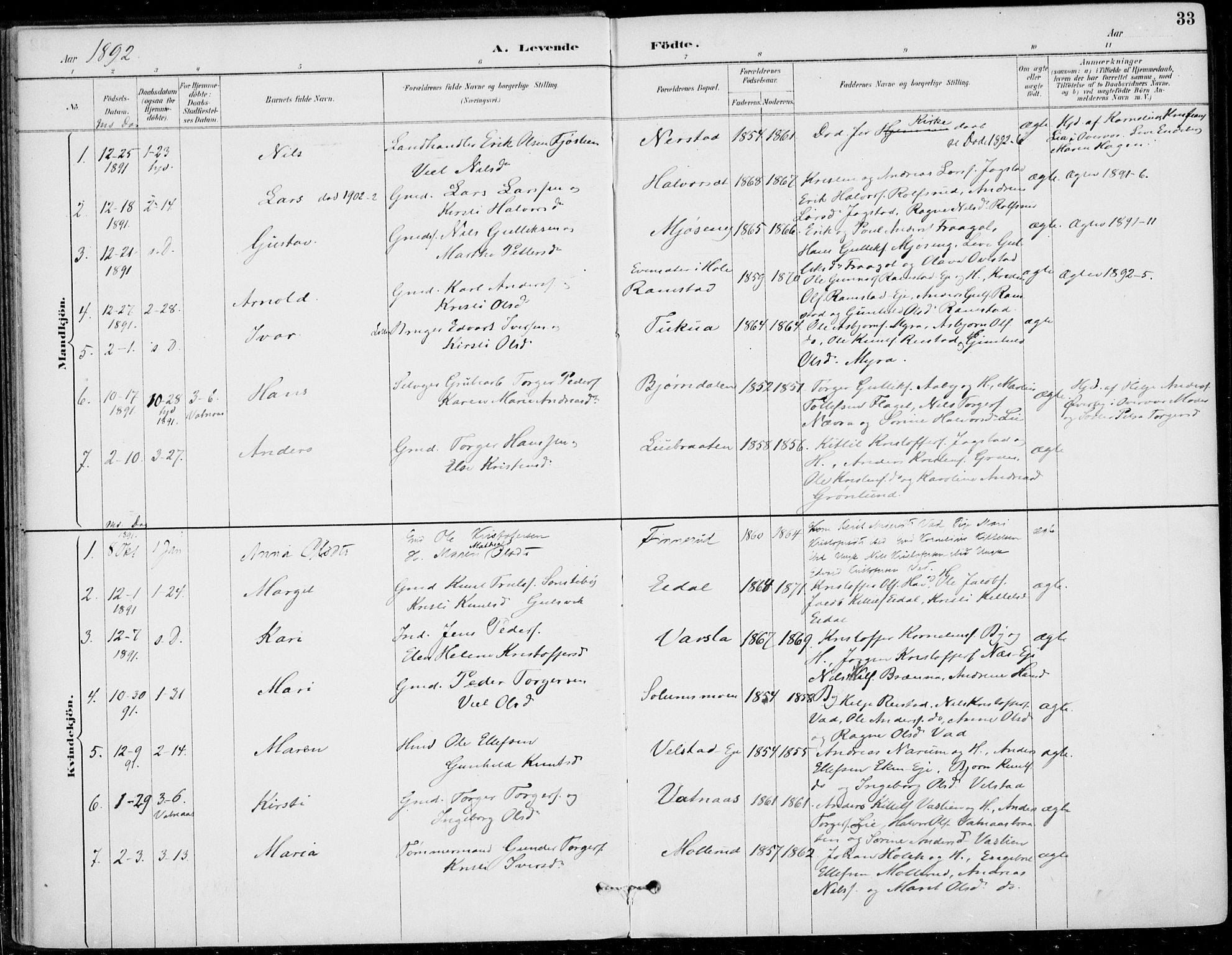 Sigdal kirkebøker, AV/SAKO-A-245/F/Fb/L0001: Parish register (official) no. II 1, 1888-1900, p. 33