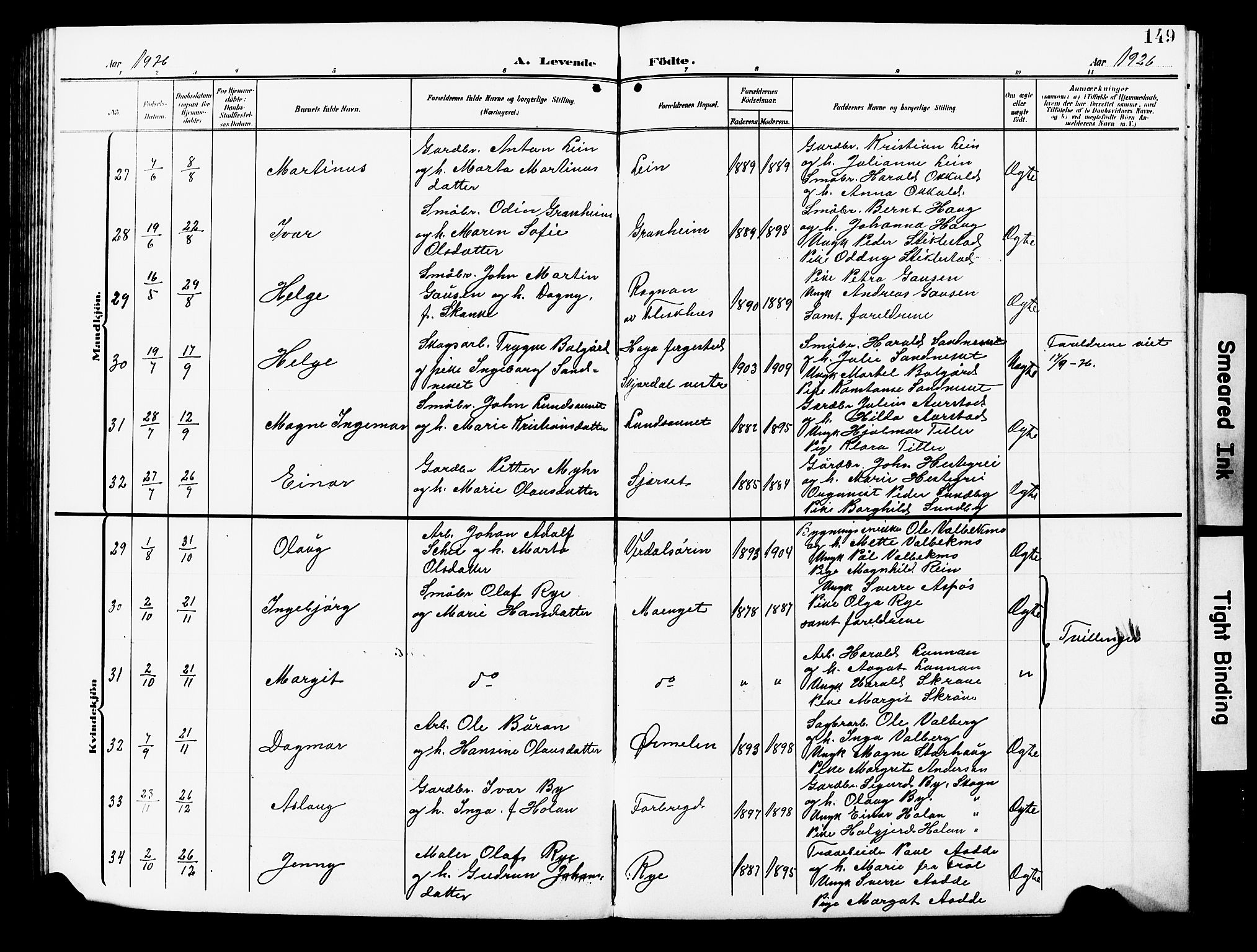 Ministerialprotokoller, klokkerbøker og fødselsregistre - Nord-Trøndelag, AV/SAT-A-1458/723/L0258: Parish register (copy) no. 723C06, 1908-1927, p. 149