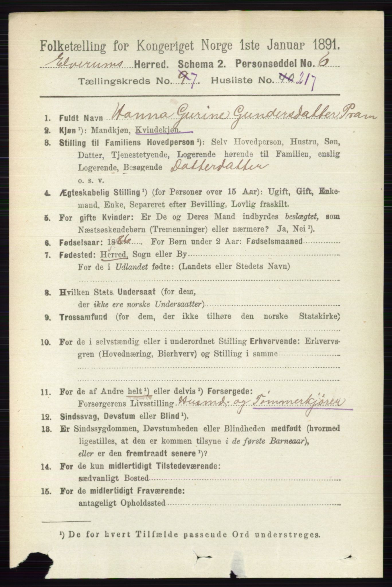 RA, 1891 census for 0427 Elverum, 1891, p. 6910