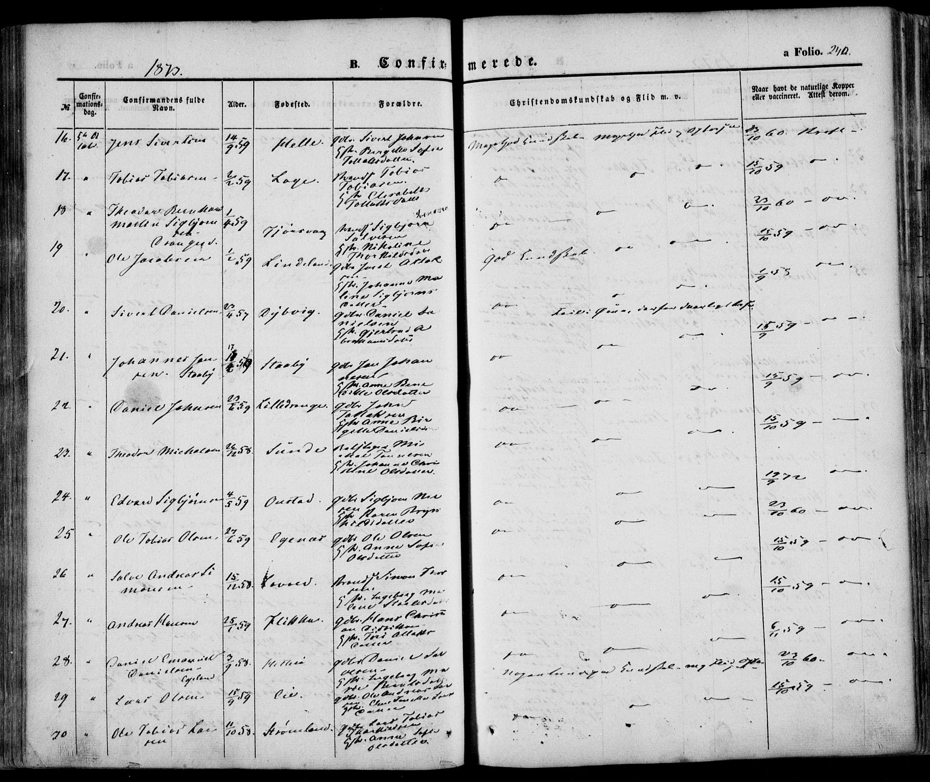 Flekkefjord sokneprestkontor, AV/SAK-1111-0012/F/Fa/Fac/L0005: Parish register (official) no. A 5, 1849-1875, p. 240