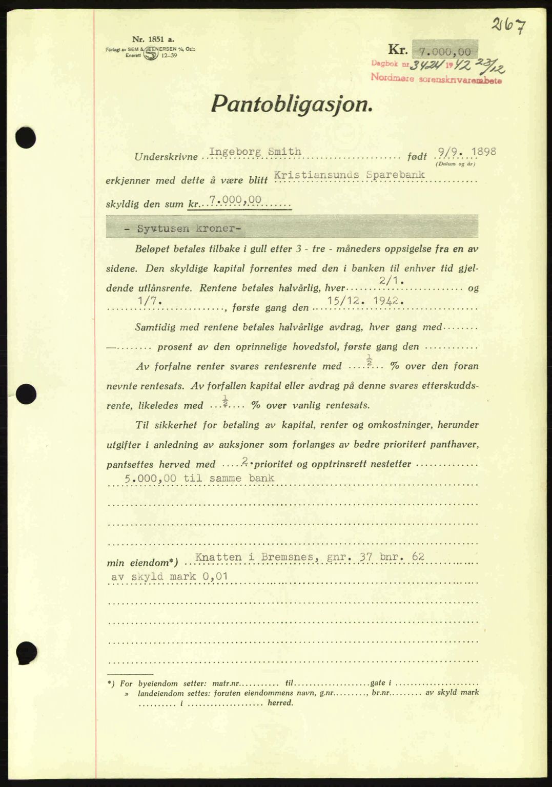 Nordmøre sorenskriveri, AV/SAT-A-4132/1/2/2Ca: Mortgage book no. B90, 1942-1943, Diary no: : 3424/1942