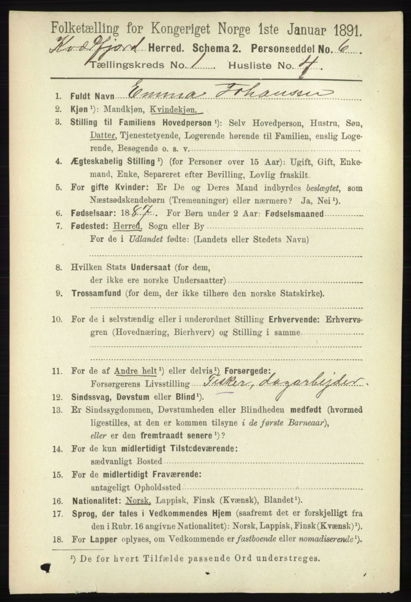 RA, 1891 census for 1911 Kvæfjord, 1891, p. 124