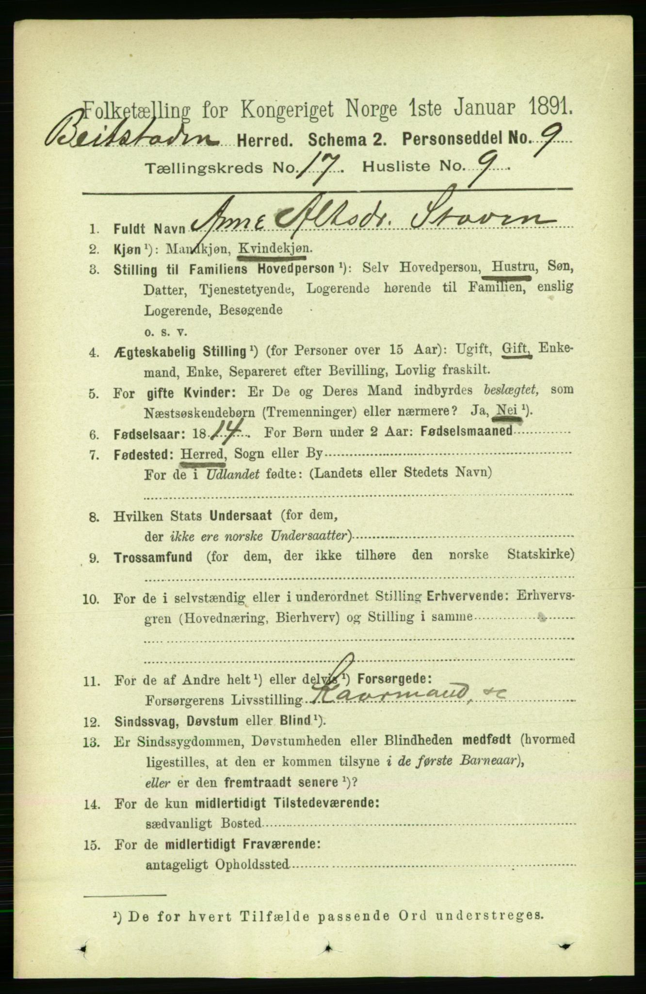 RA, 1891 census for 1727 Beitstad, 1891, p. 4434