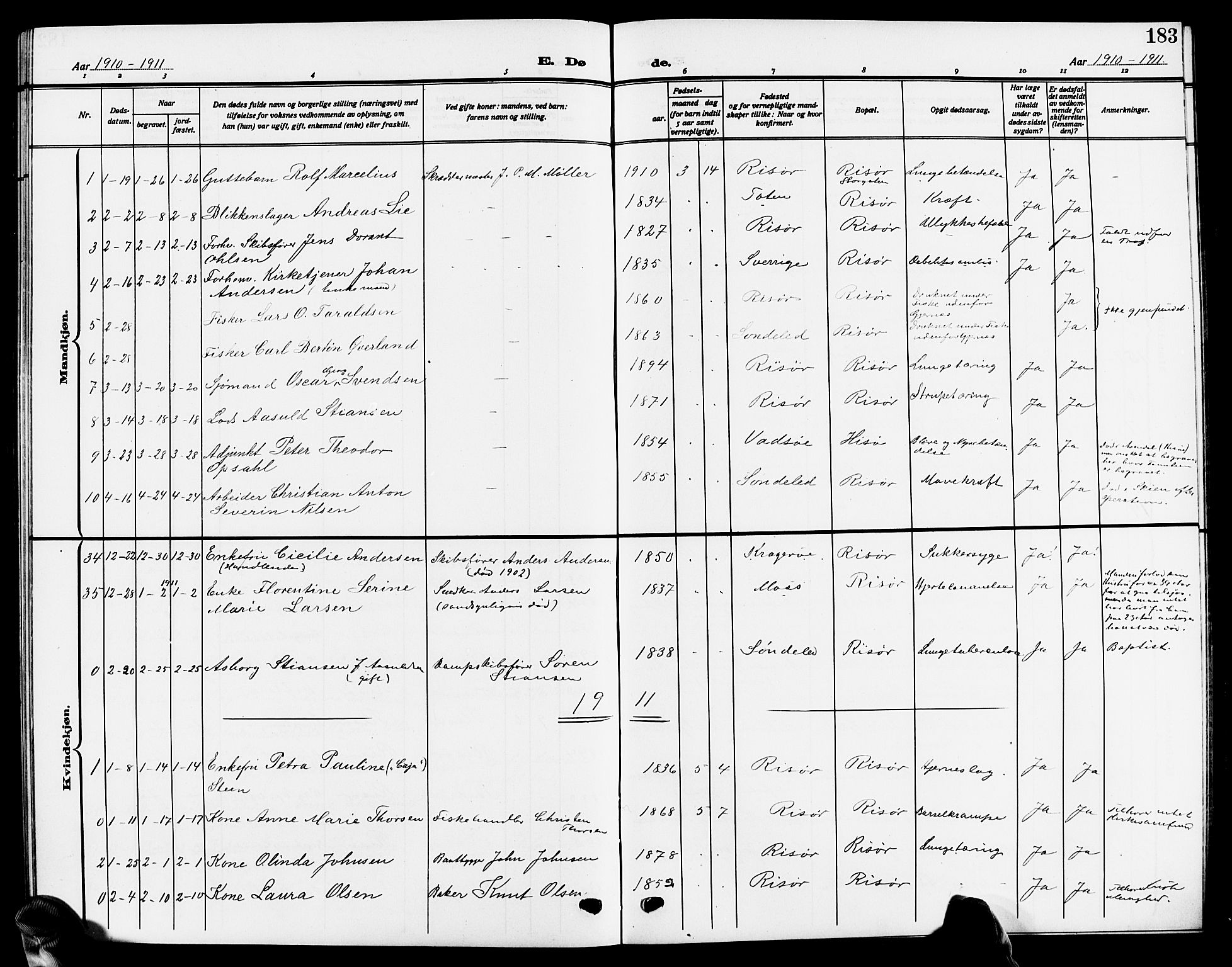 Risør sokneprestkontor, SAK/1111-0035/F/Fb/L0008: Parish register (copy) no. B 8, 1909-1921, p. 183