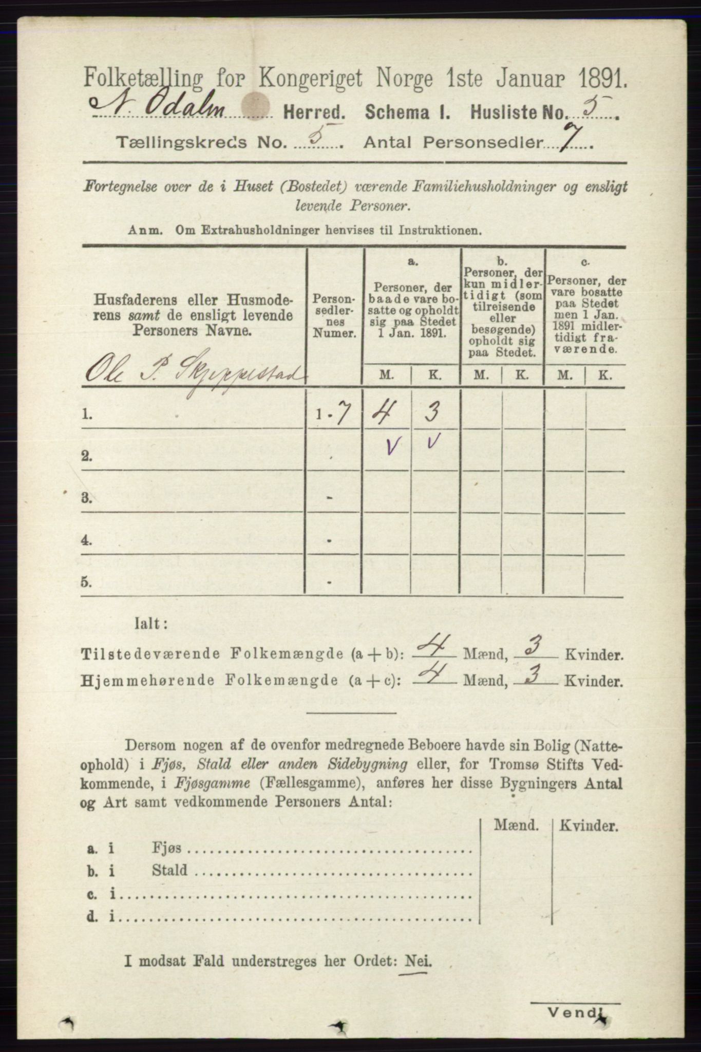 RA, 1891 census for 0418 Nord-Odal, 1891, p. 1443