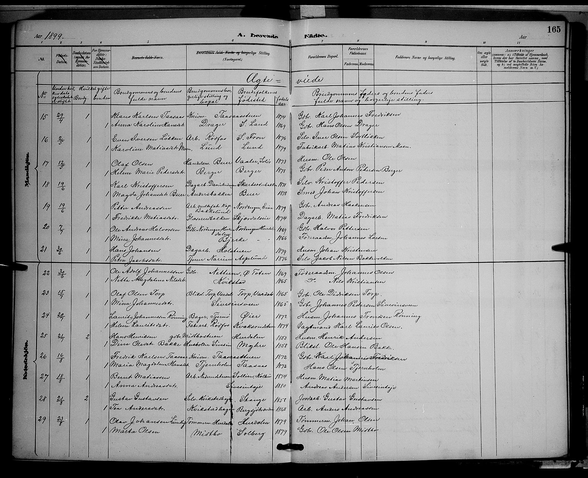 Vestre Toten prestekontor, SAH/PREST-108/H/Ha/Hab/L0009: Parish register (copy) no. 9, 1888-1900, p. 165