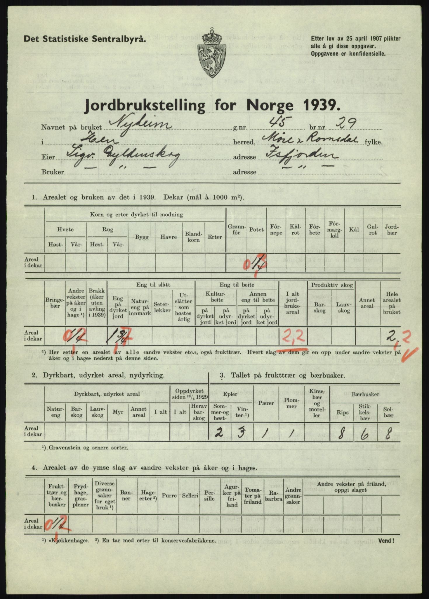 Statistisk sentralbyrå, Næringsøkonomiske emner, Jordbruk, skogbruk, jakt, fiske og fangst, AV/RA-S-2234/G/Gb/L0251: Møre og Romsdal: Voll, Eid, Grytten og Hen, 1939, p. 1077