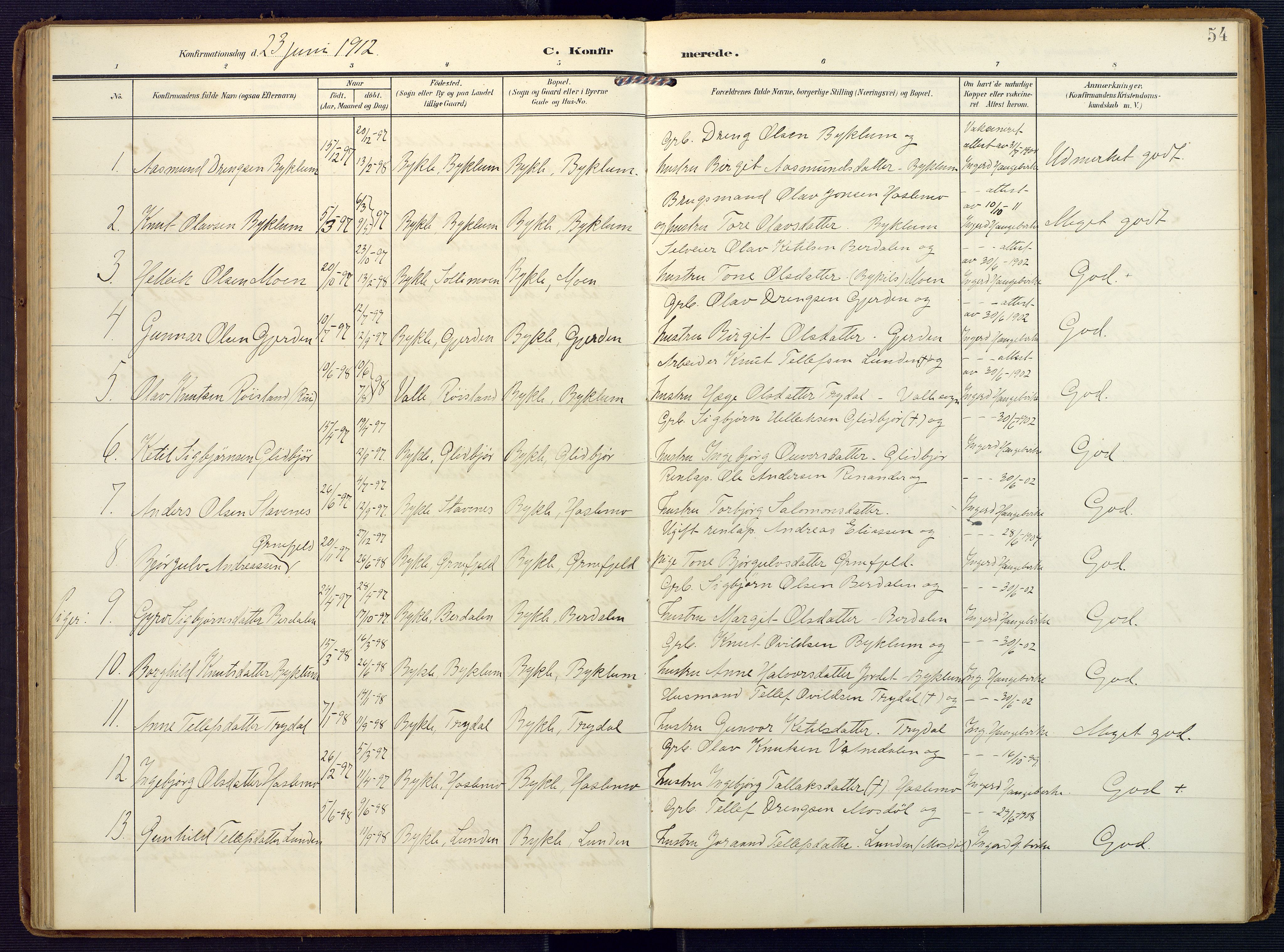 Valle sokneprestkontor, SAK/1111-0044/F/Fa/Faa/L0002: Parish register (official) no. A 2, 1907-1919, p. 54