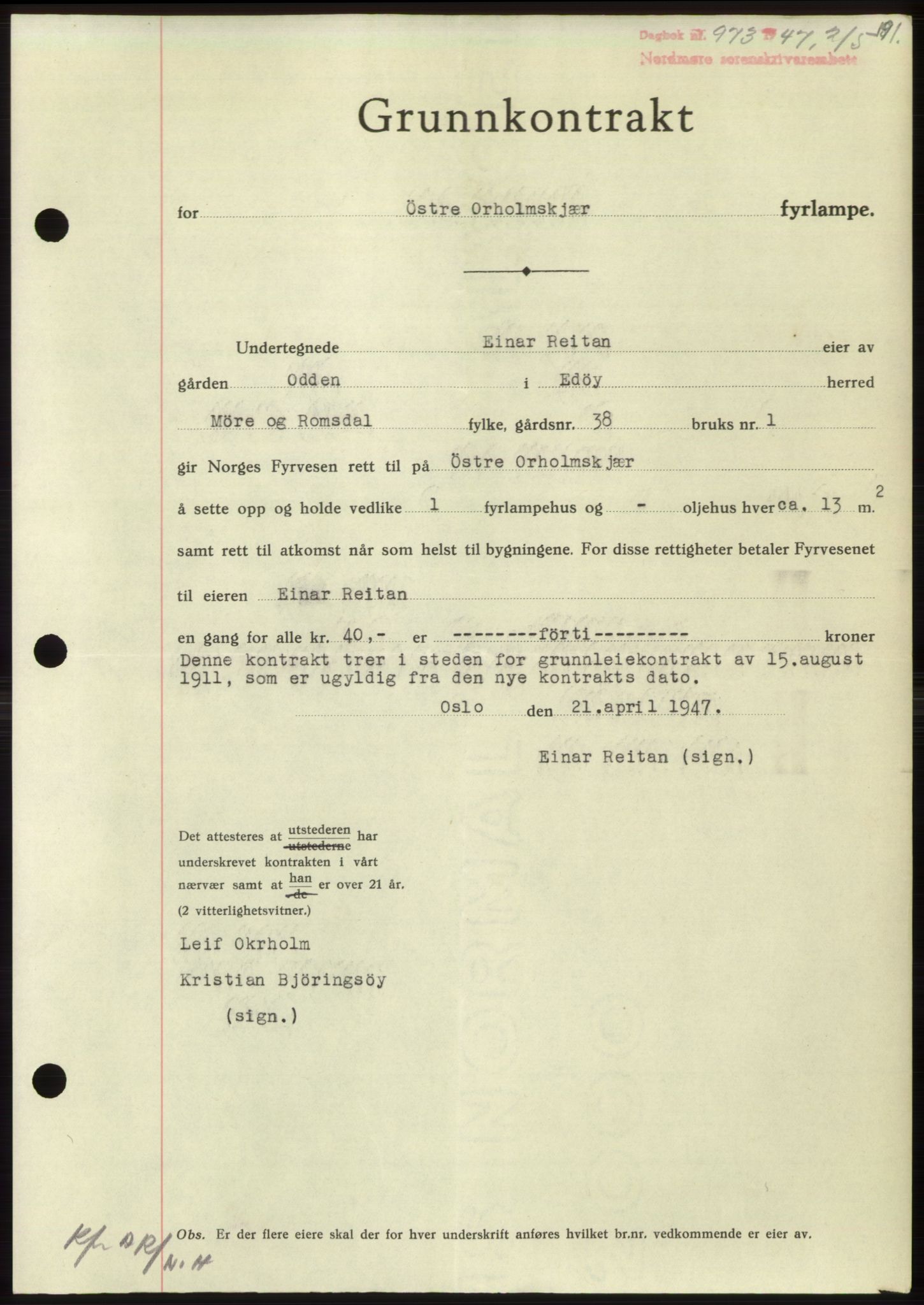 Nordmøre sorenskriveri, AV/SAT-A-4132/1/2/2Ca: Mortgage book no. B96, 1947-1947, Diary no: : 973/1947