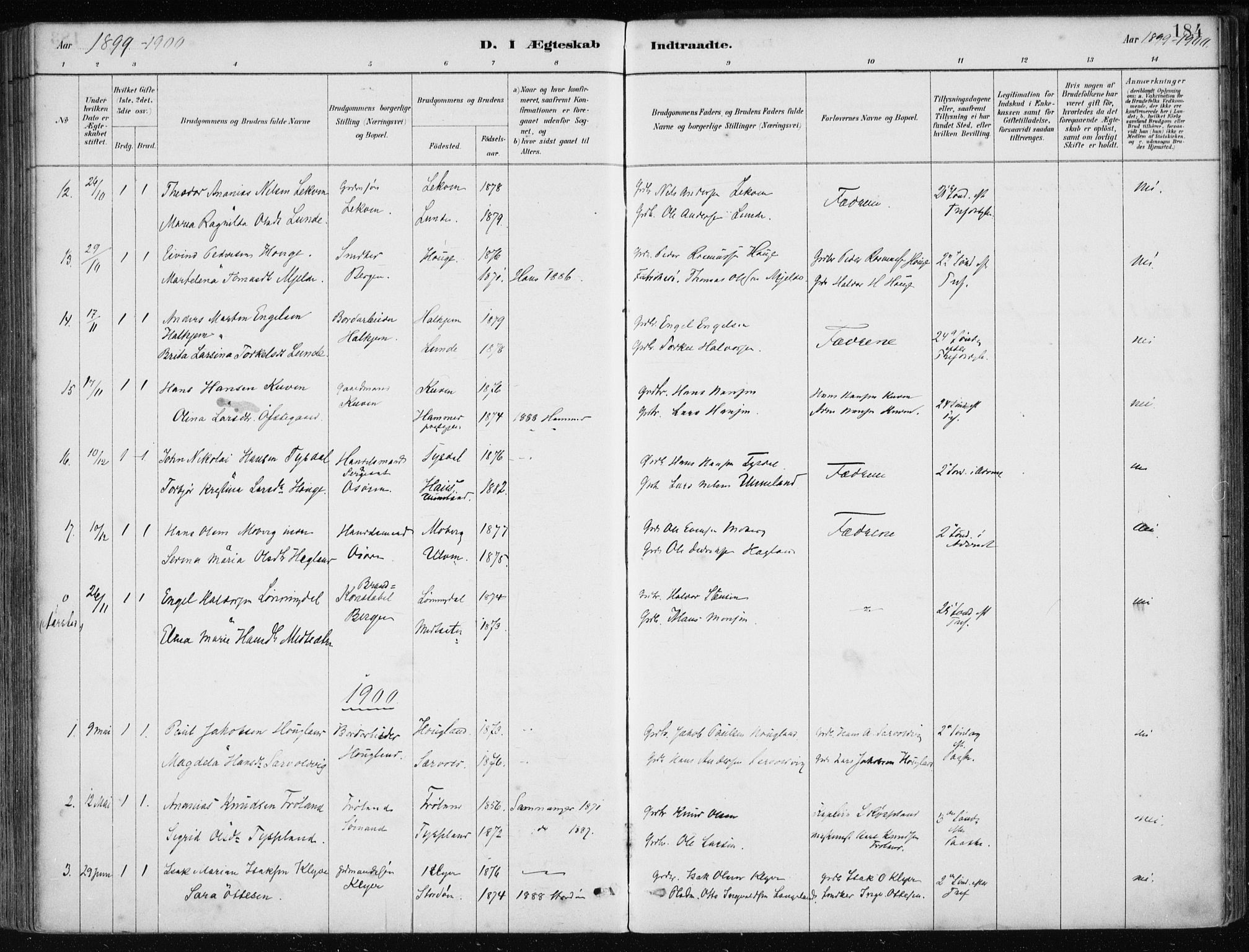 Os sokneprestembete, SAB/A-99929: Parish register (official) no. B 1, 1885-1902, p. 184