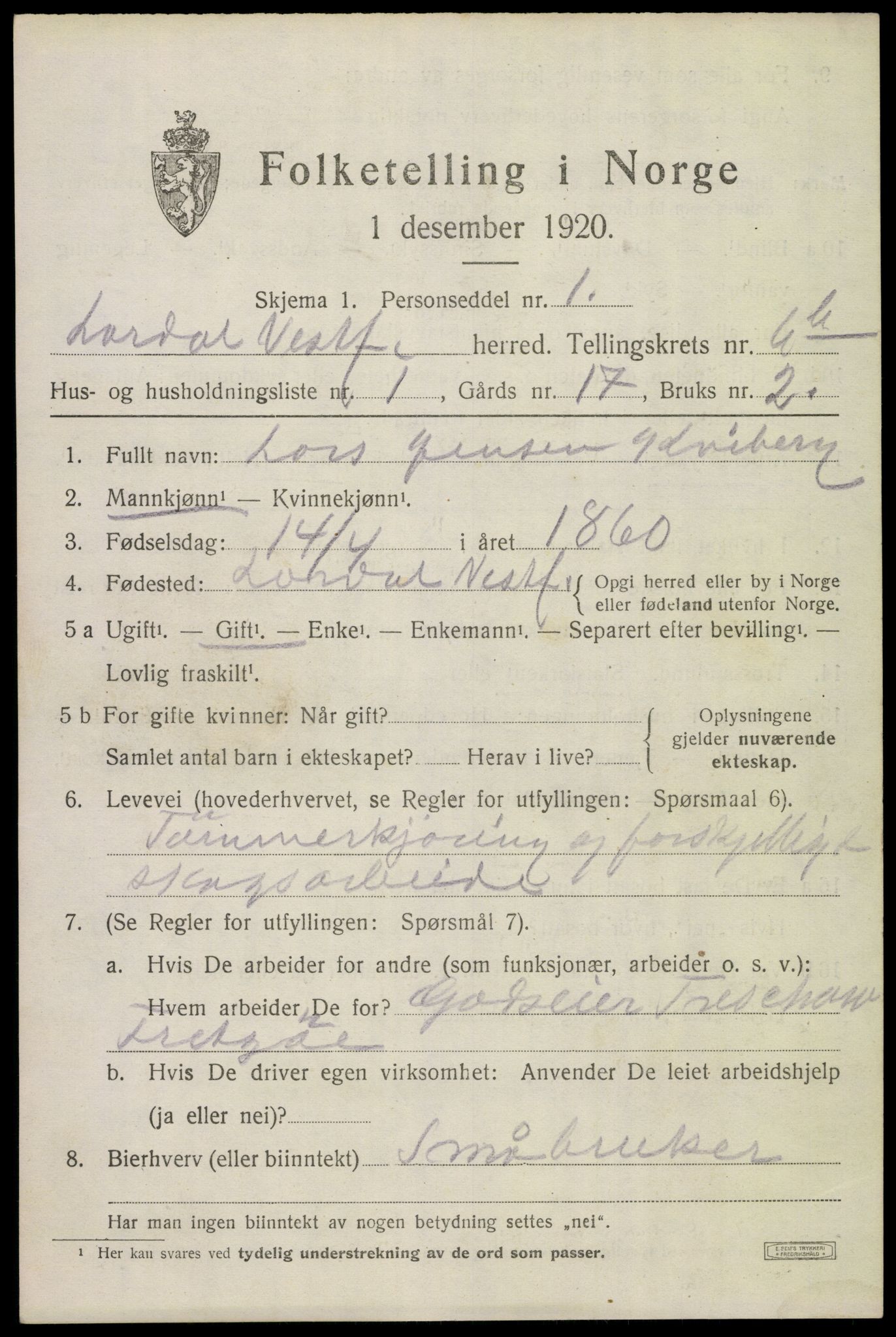 SAKO, 1920 census for Lardal, 1920, p. 5829