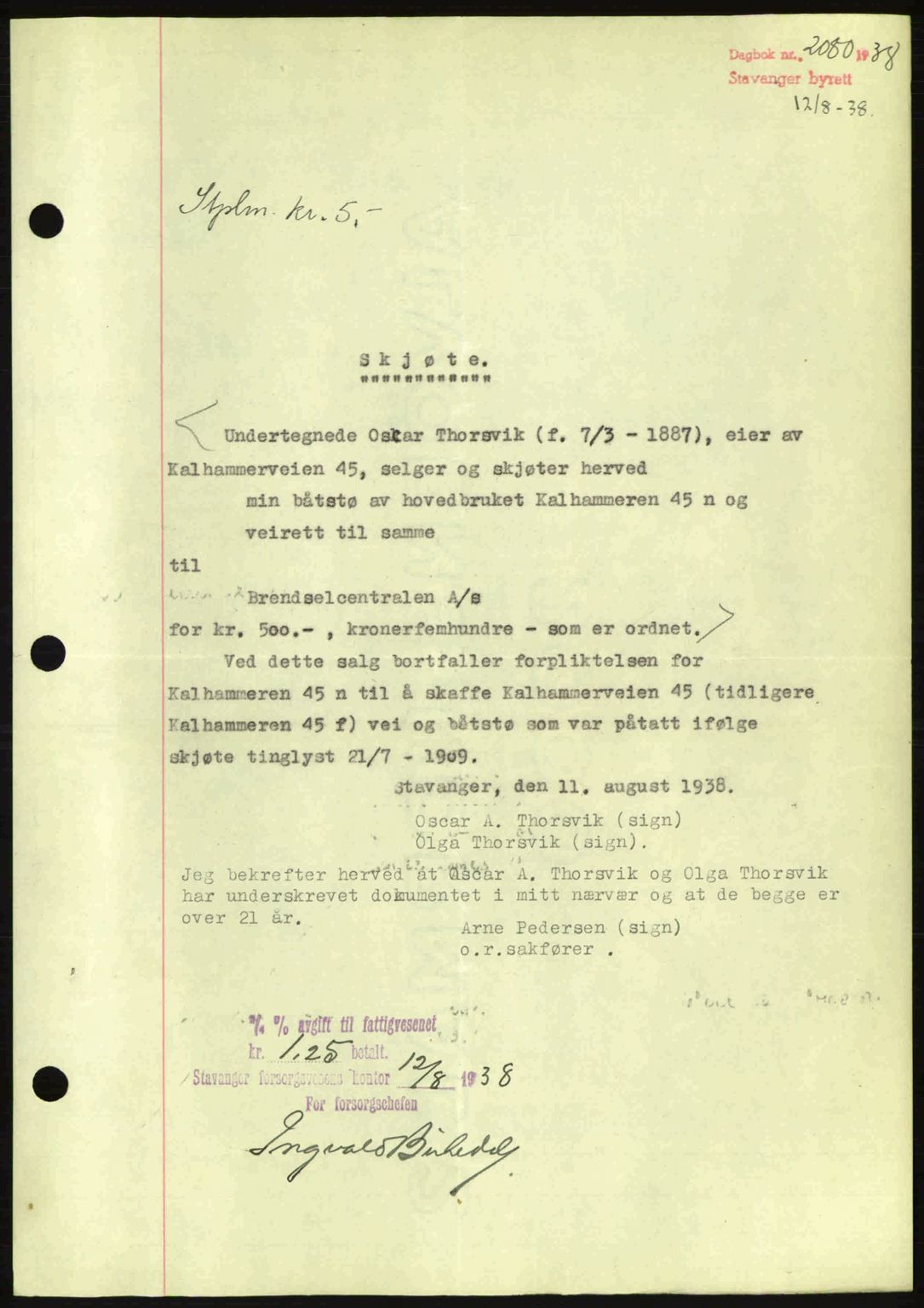 Stavanger byrett, SAST/A-100455/002/G/Gb/L0013: Mortgage book no. A3, 1937-1938, Diary no: : 2080/1938