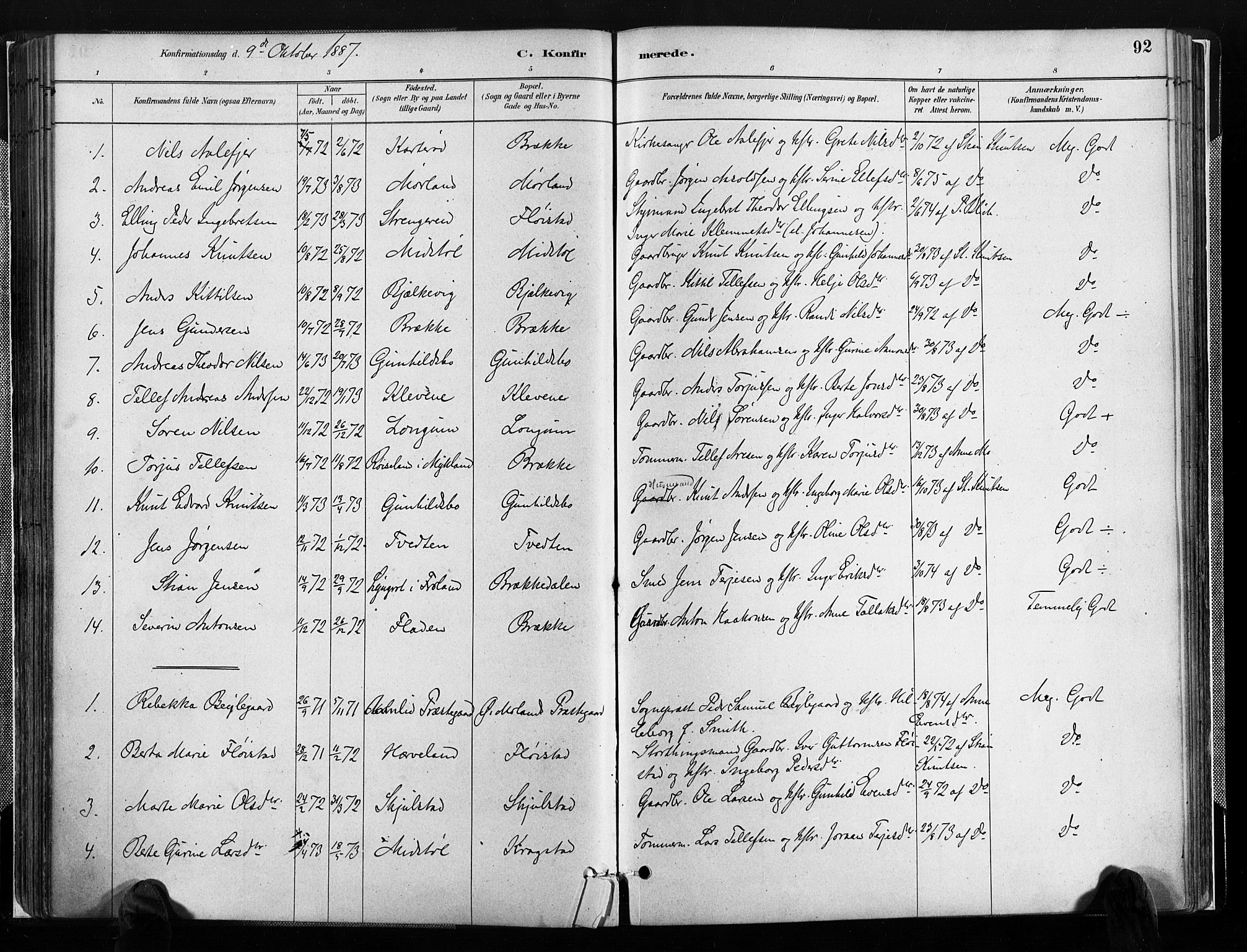 Austre Moland sokneprestkontor, SAK/1111-0001/F/Fa/Faa/L0010: Parish register (official) no. A 10, 1880-1904, p. 92